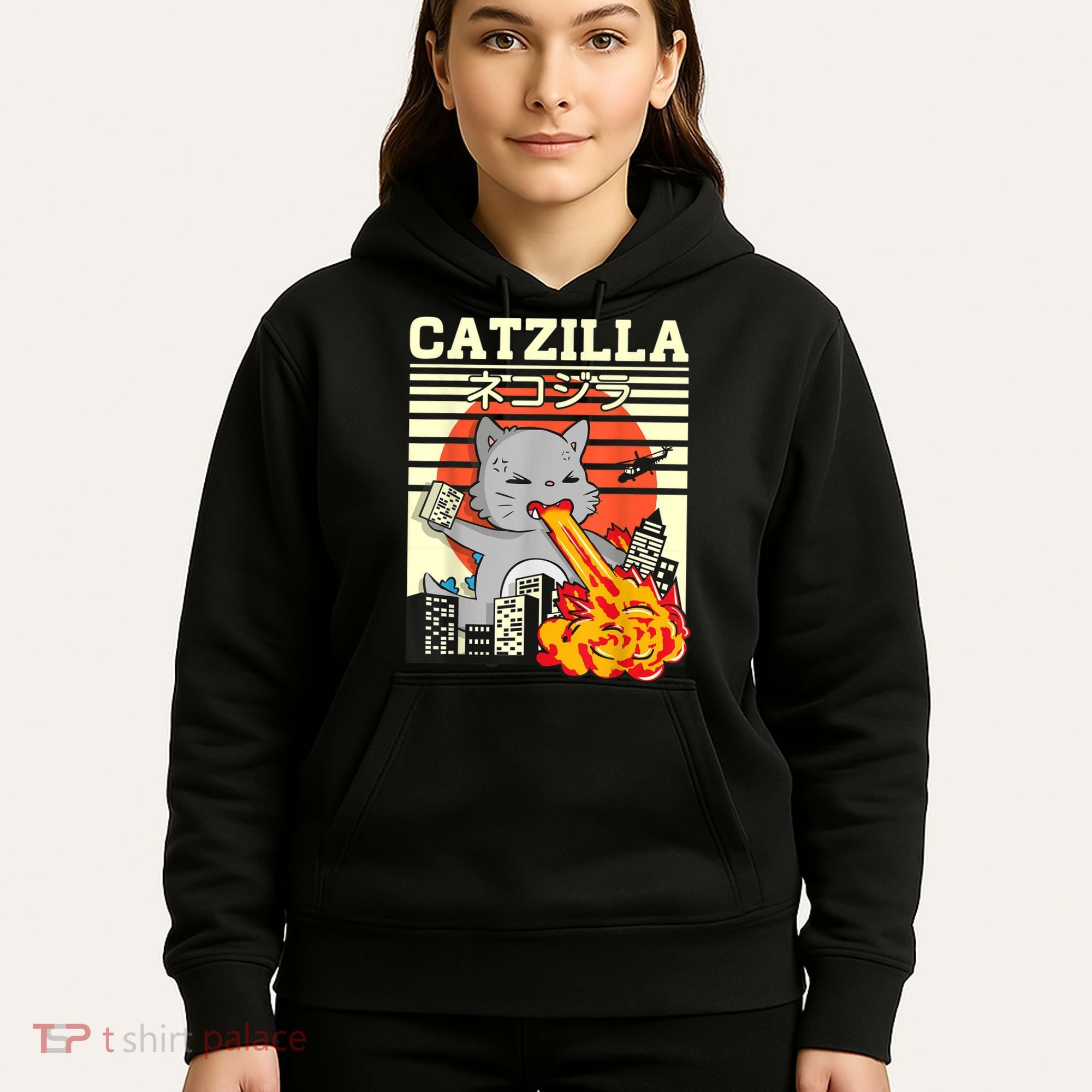 Funny Catzilla Kawaii Cat Kitten Lover Japanese Sunset Hoodie