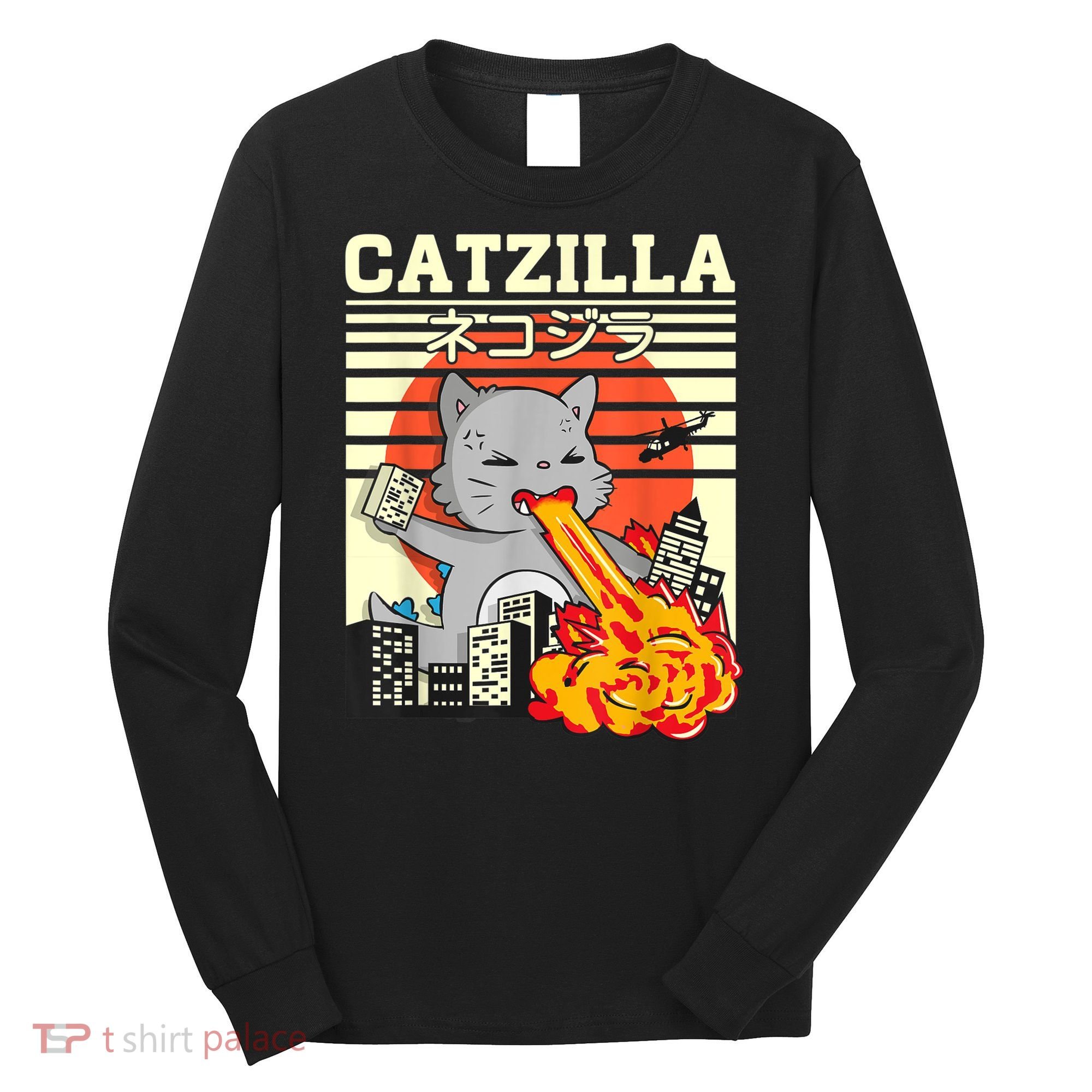 Funny Catzilla Kawaii Cat Kitten Lover Japanese Sunset Long Sleeve Shirt