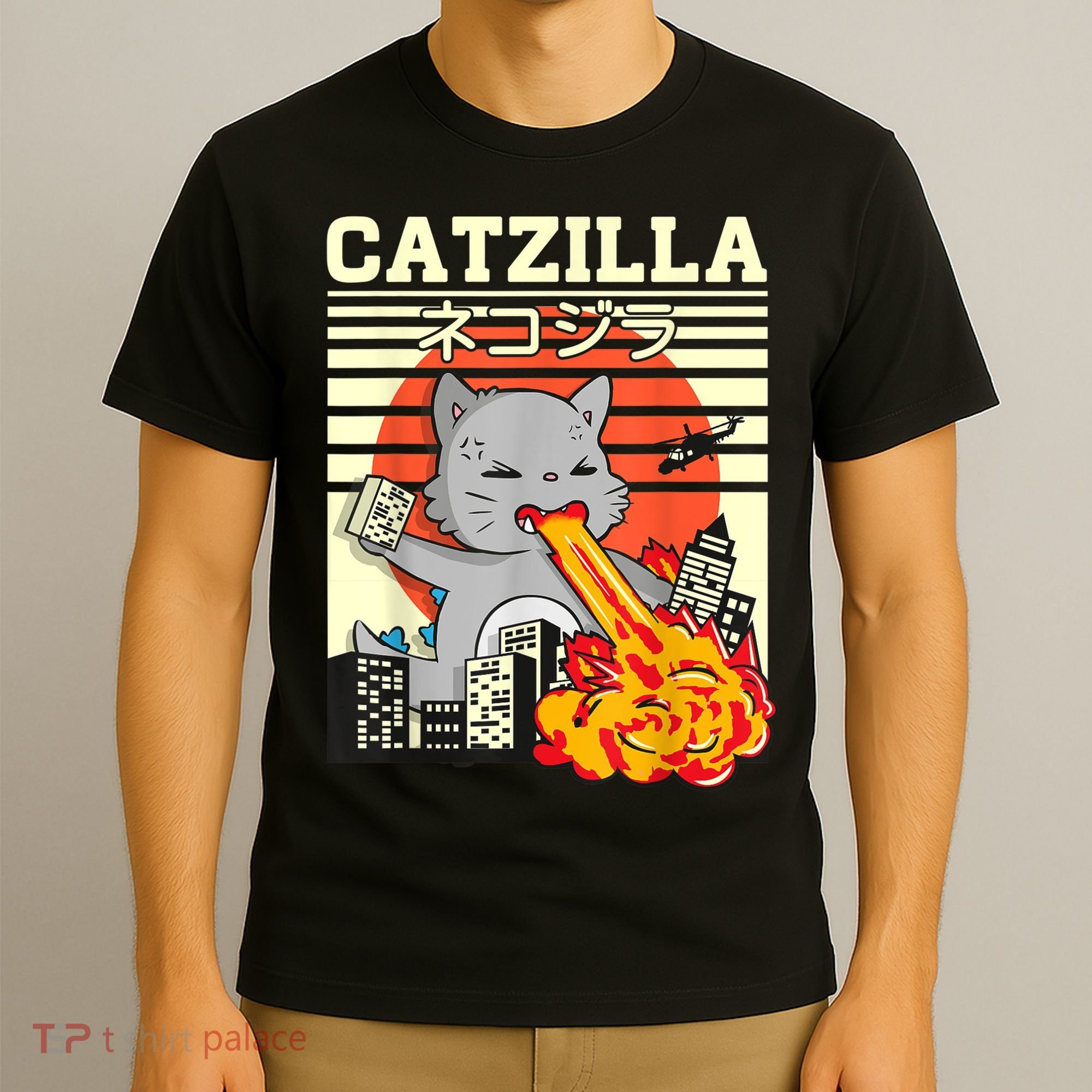 Funny Catzilla Kawaii Cat Kitten Lover Japanese Sunset T-Shirt