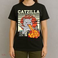 Funny Catzilla Kawaii Cat Kitten Lover Japanese Sunset T-Shirt thumb 4