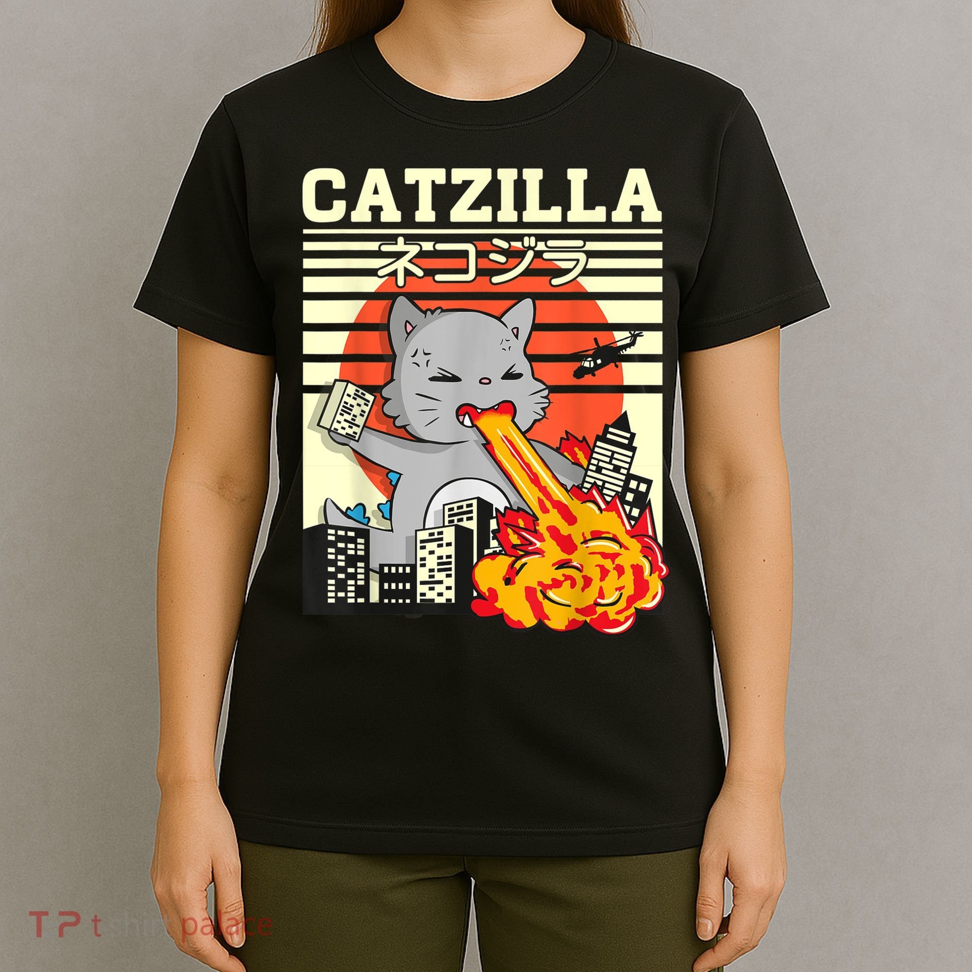Funny Catzilla Kawaii Cat Kitten Lover Japanese Sunset T-Shirt