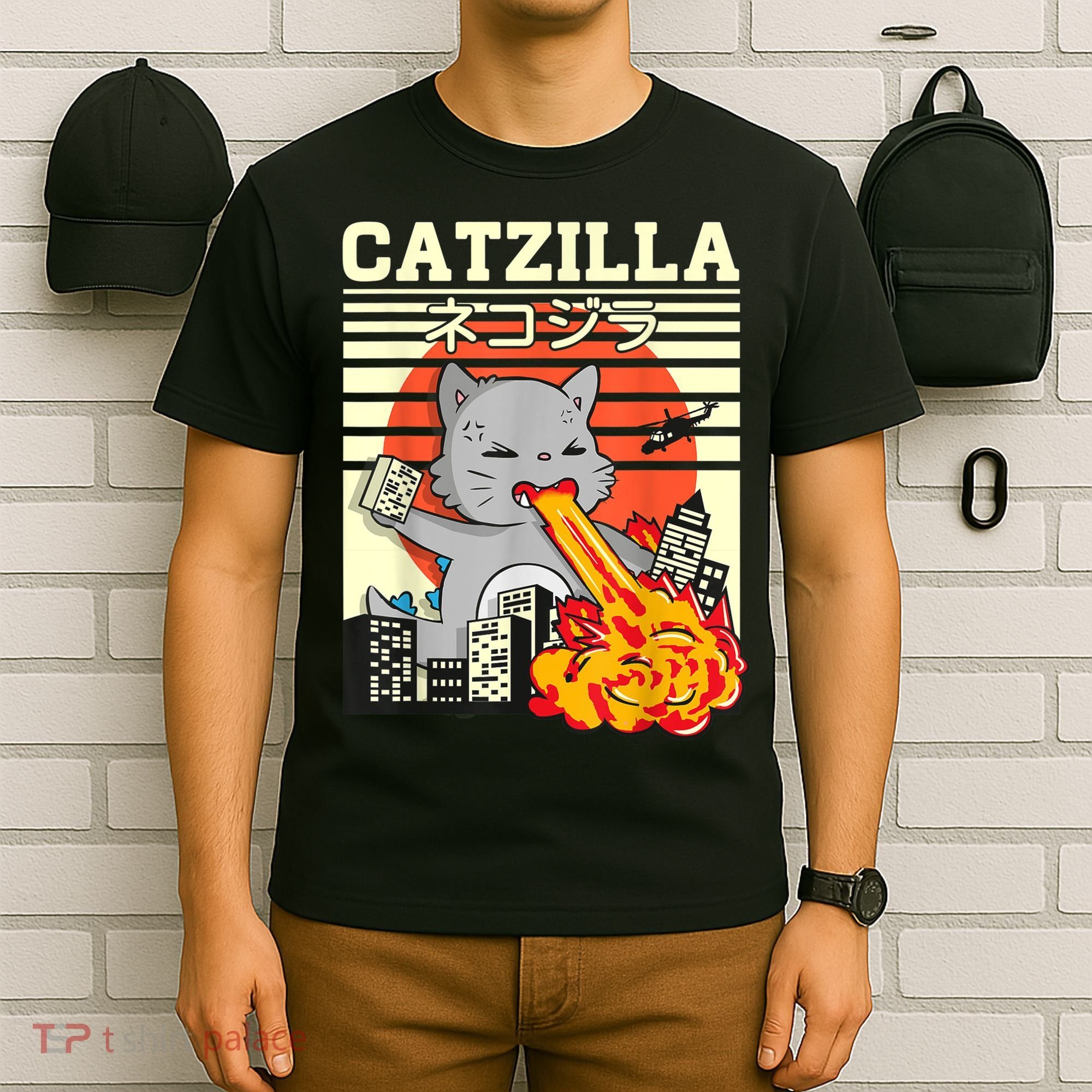 Funny Catzilla Kawaii Cat Kitten Lover Japanese Sunset T-Shirt