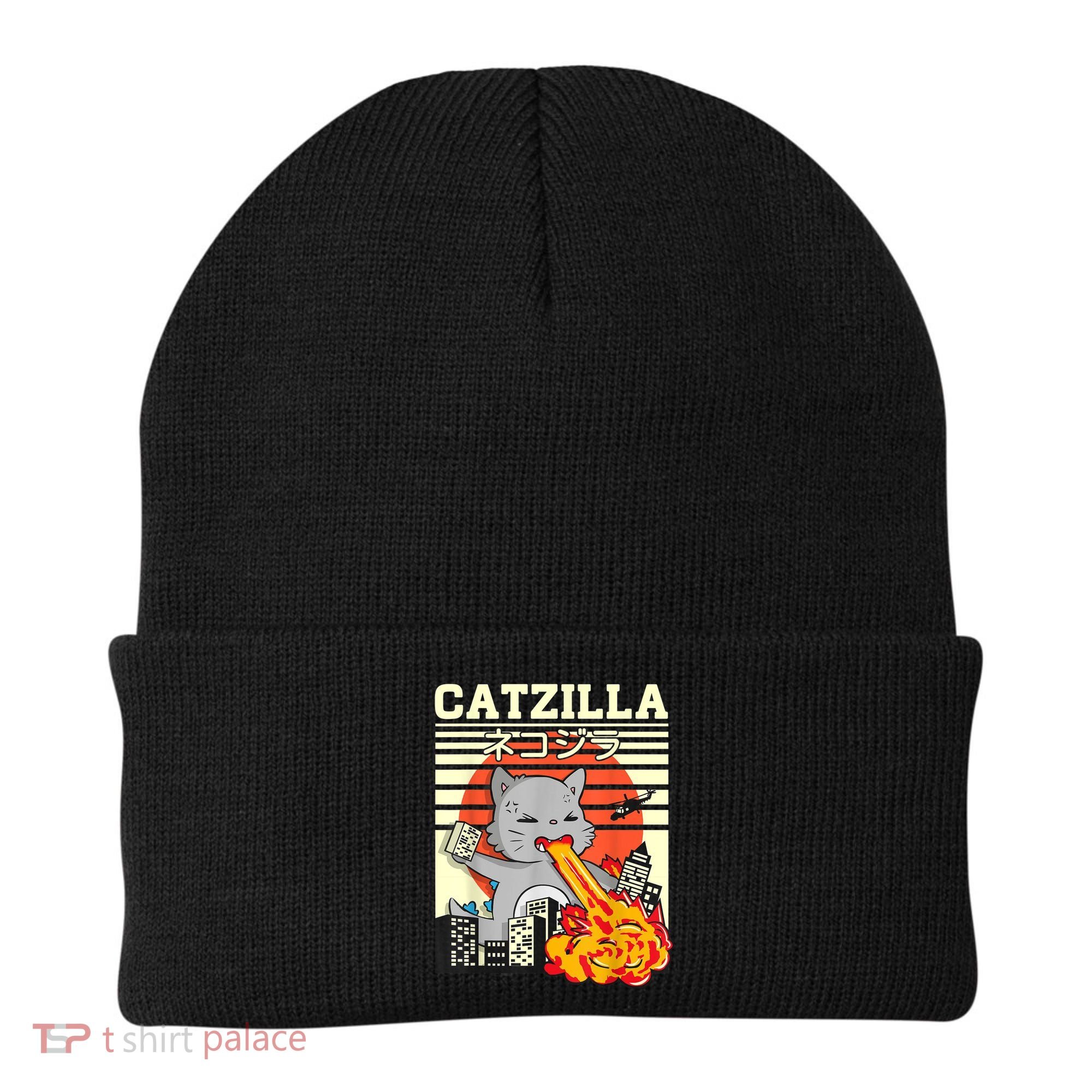 Funny Catzilla Kawaii Cat Kitten Lover Japanese Sunset Beanie