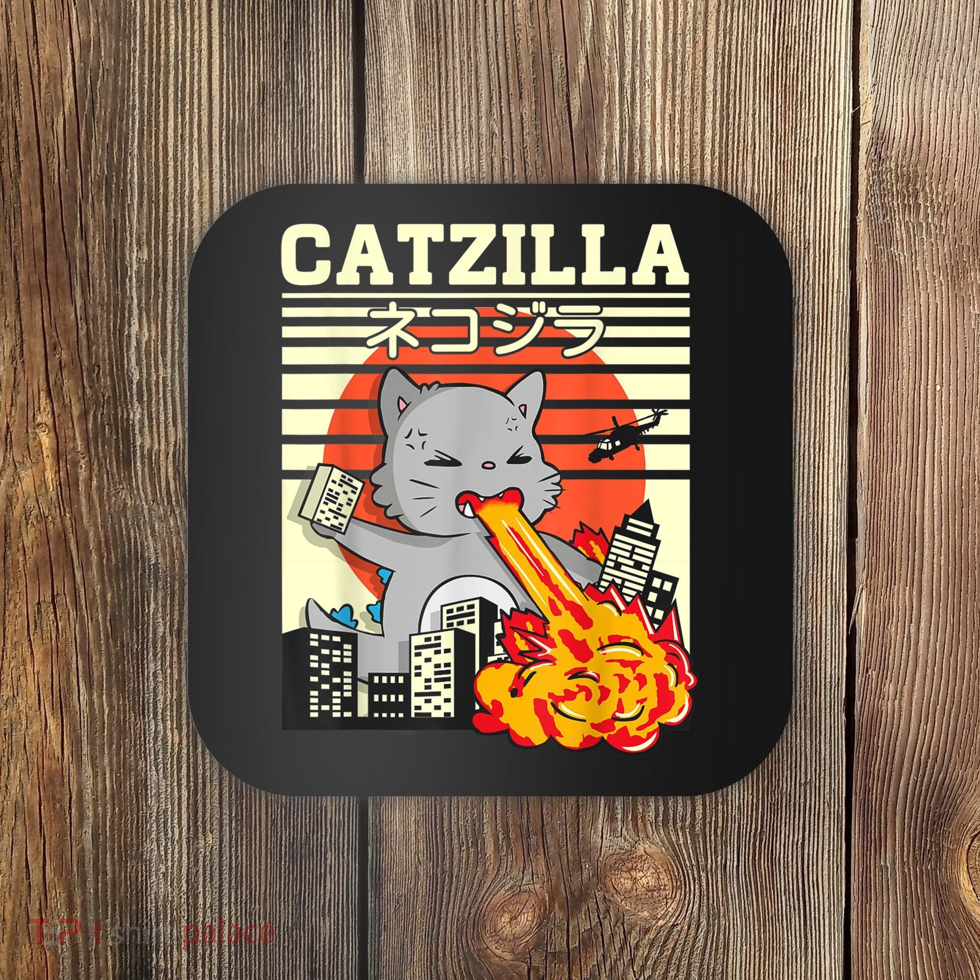 Funny Catzilla Kawaii Cat Kitten Lover Japanese Sunset Coaster