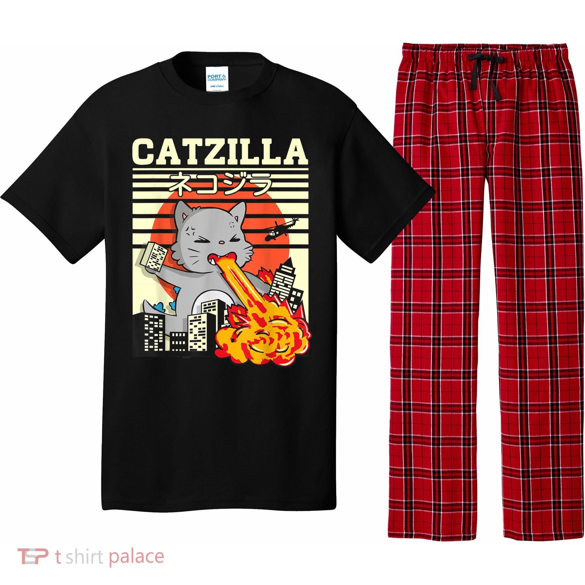 Funny Catzilla Kawaii Cat Kitten Lover Japanese Sunset Pajama Set
