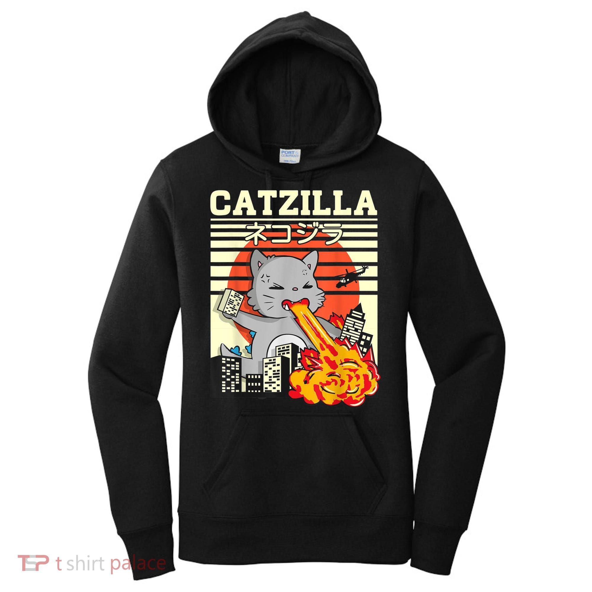 Funny Catzilla Kawaii Cat Kitten Lover Japanese Sunset Women's Hoodie