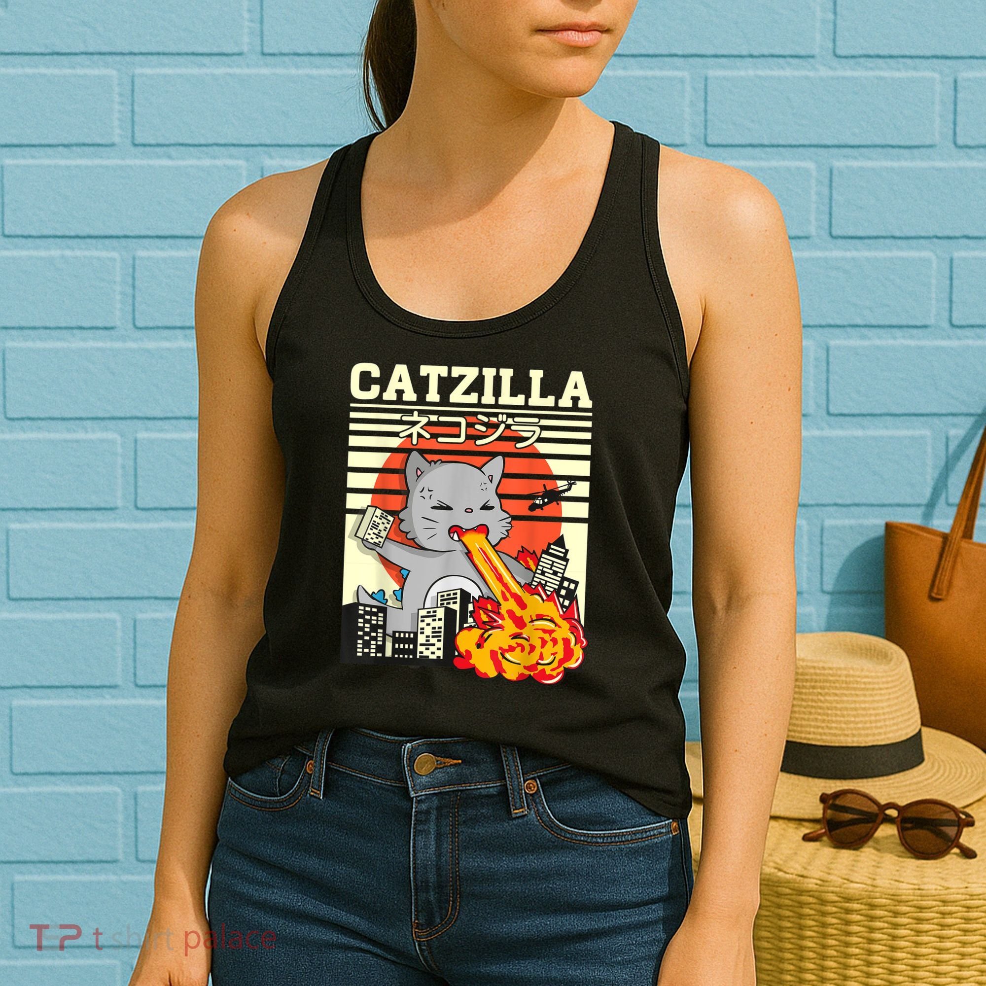 Funny Catzilla Kawaii Cat Kitten Lover Japanese Sunset Women's Tank Top