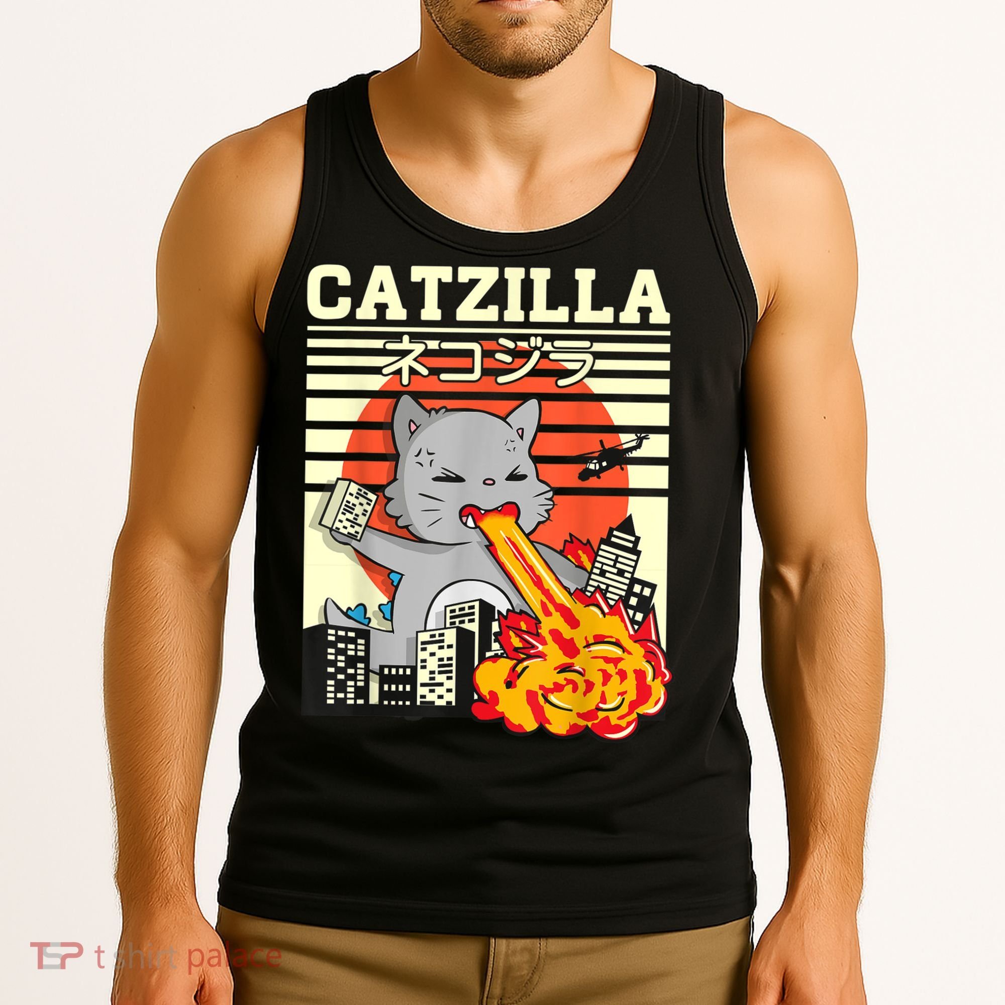 Funny Catzilla Kawaii Cat Kitten Lover Japanese Sunset Tank Top