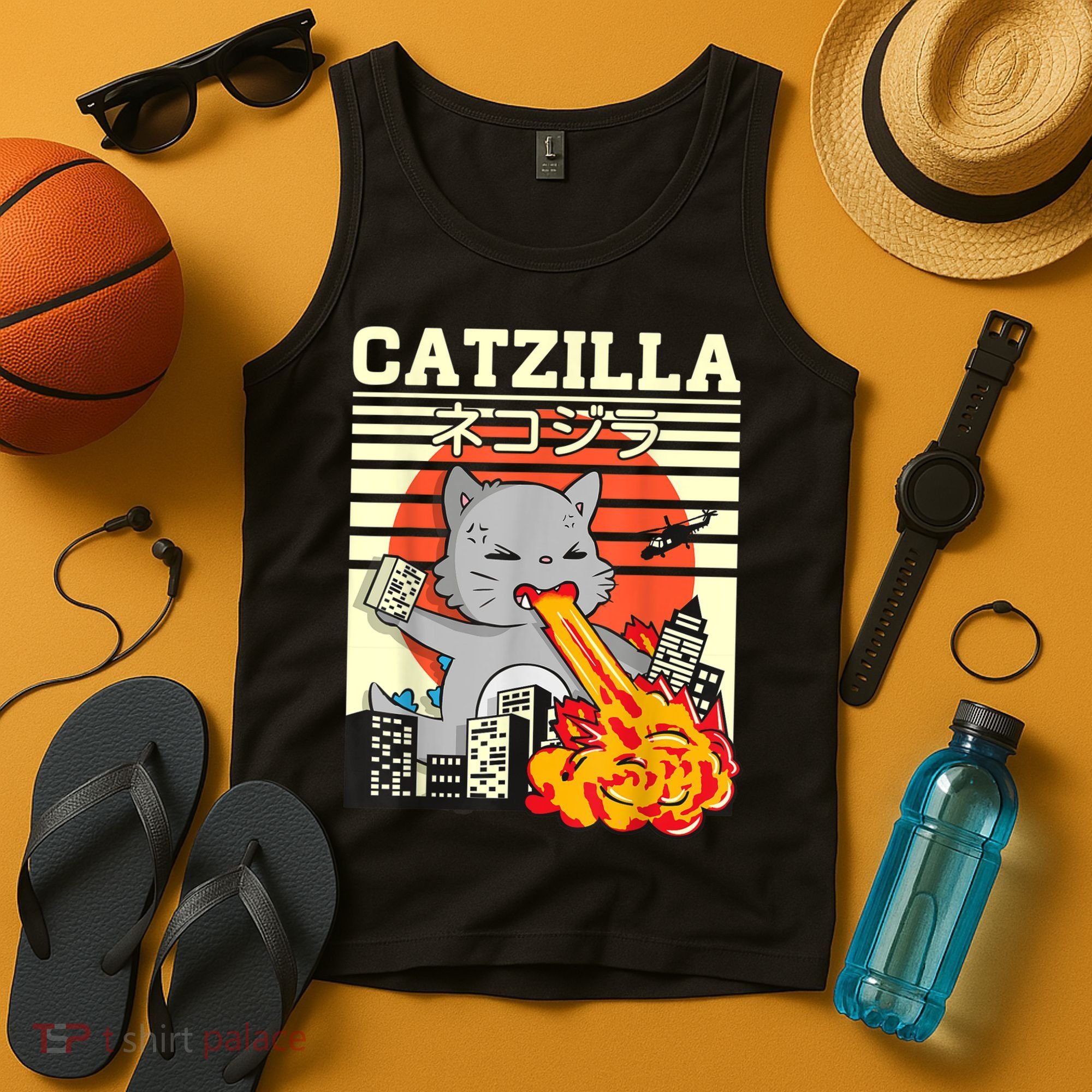 Funny Catzilla Kawaii Cat Kitten Lover Japanese Sunset Tank Top