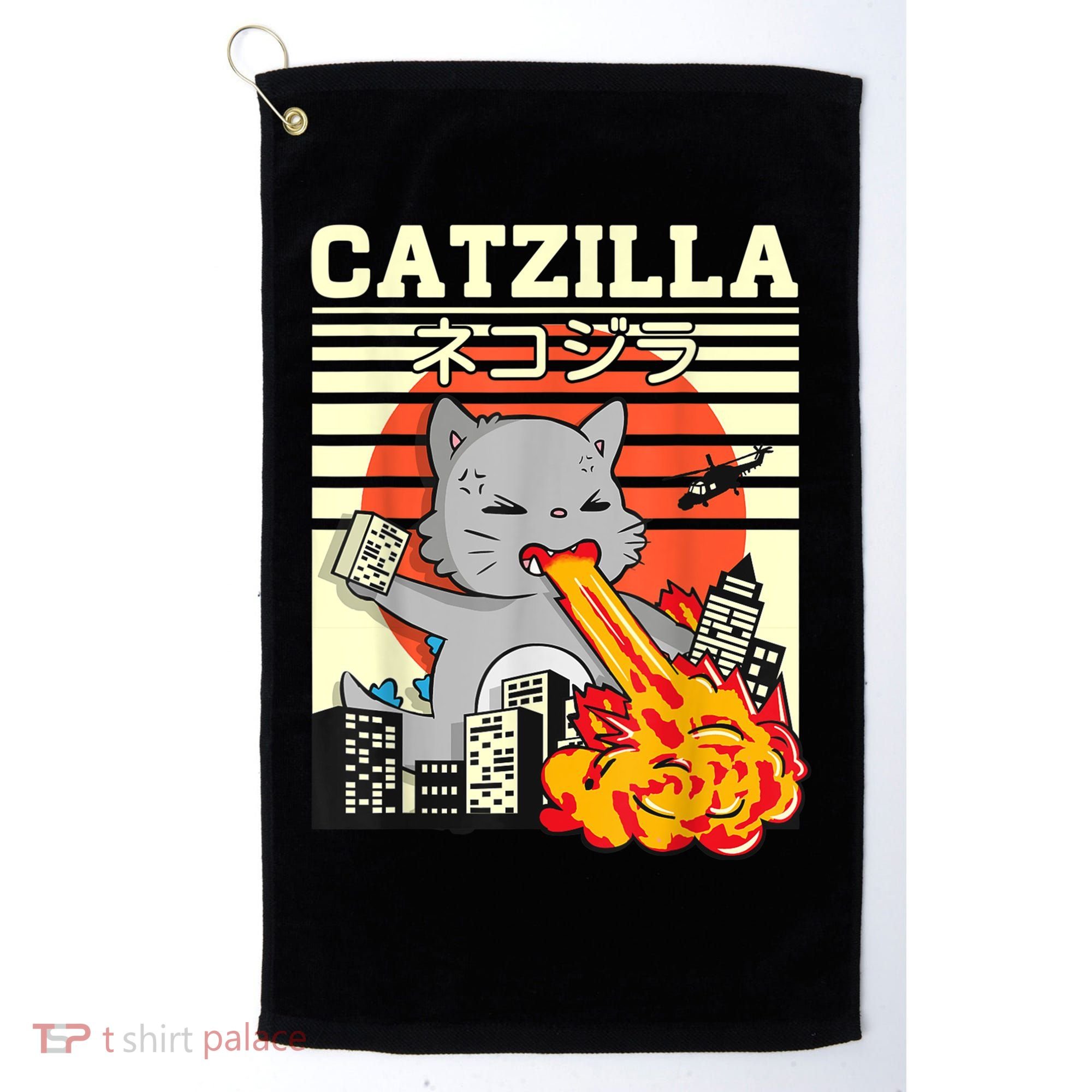 Funny Catzilla Kawaii Cat Kitten Lover Japanese Sunset Golf Towel