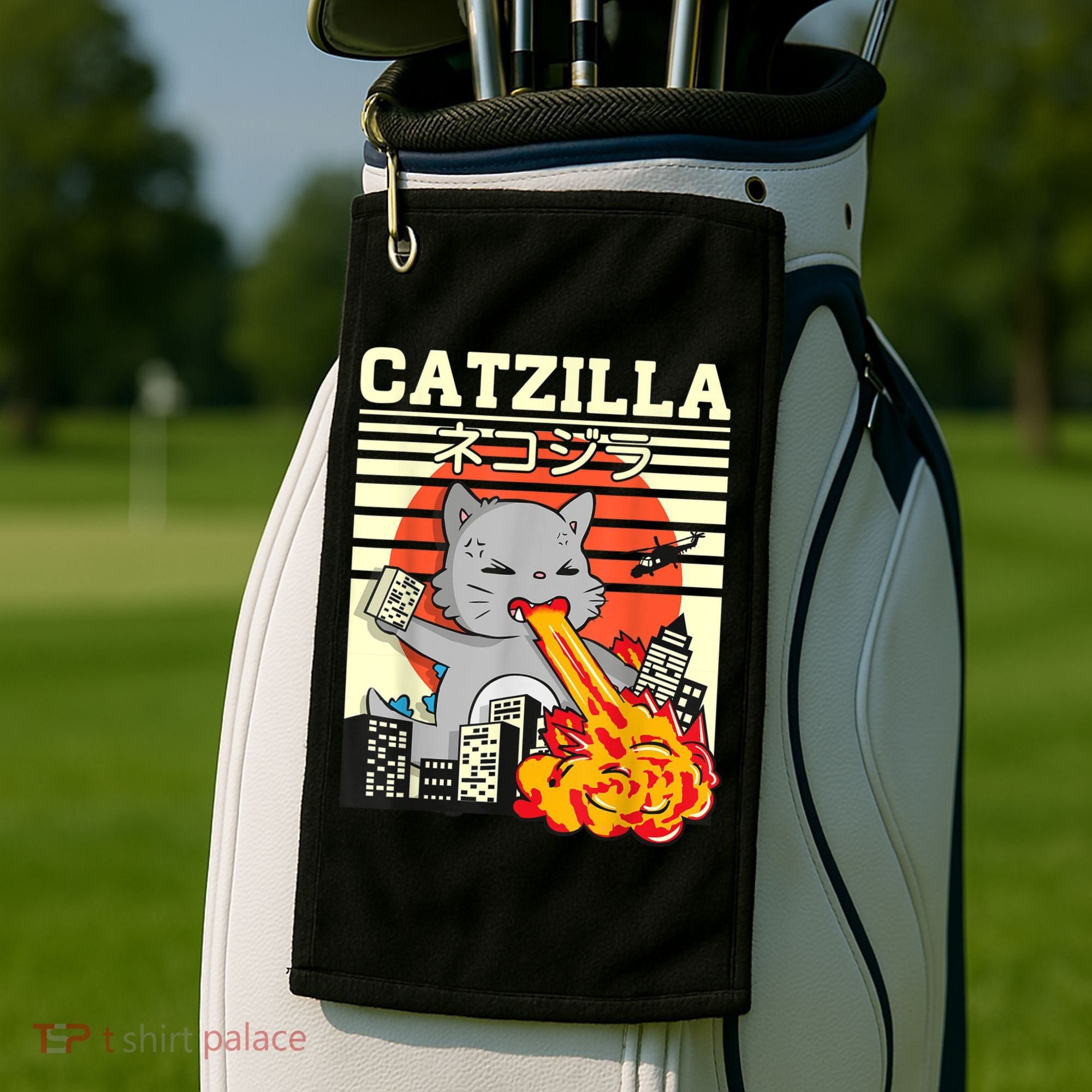 Funny Catzilla Kawaii Cat Kitten Lover Japanese Sunset Golf Towel