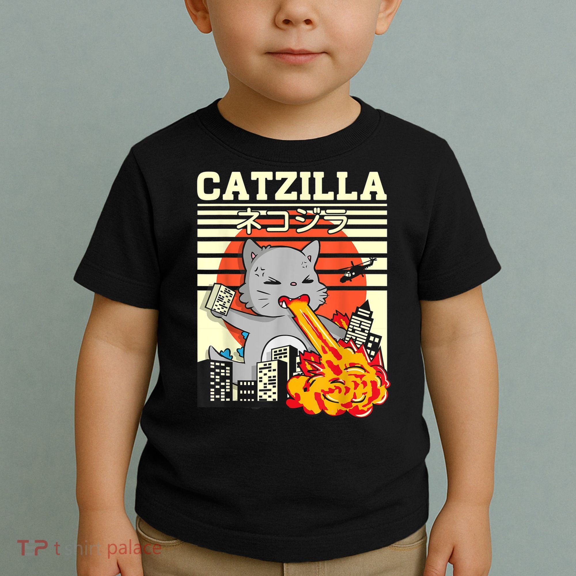 Funny Catzilla Kawaii Cat Kitten Lover Japanese Sunset Toddler T-Shirt