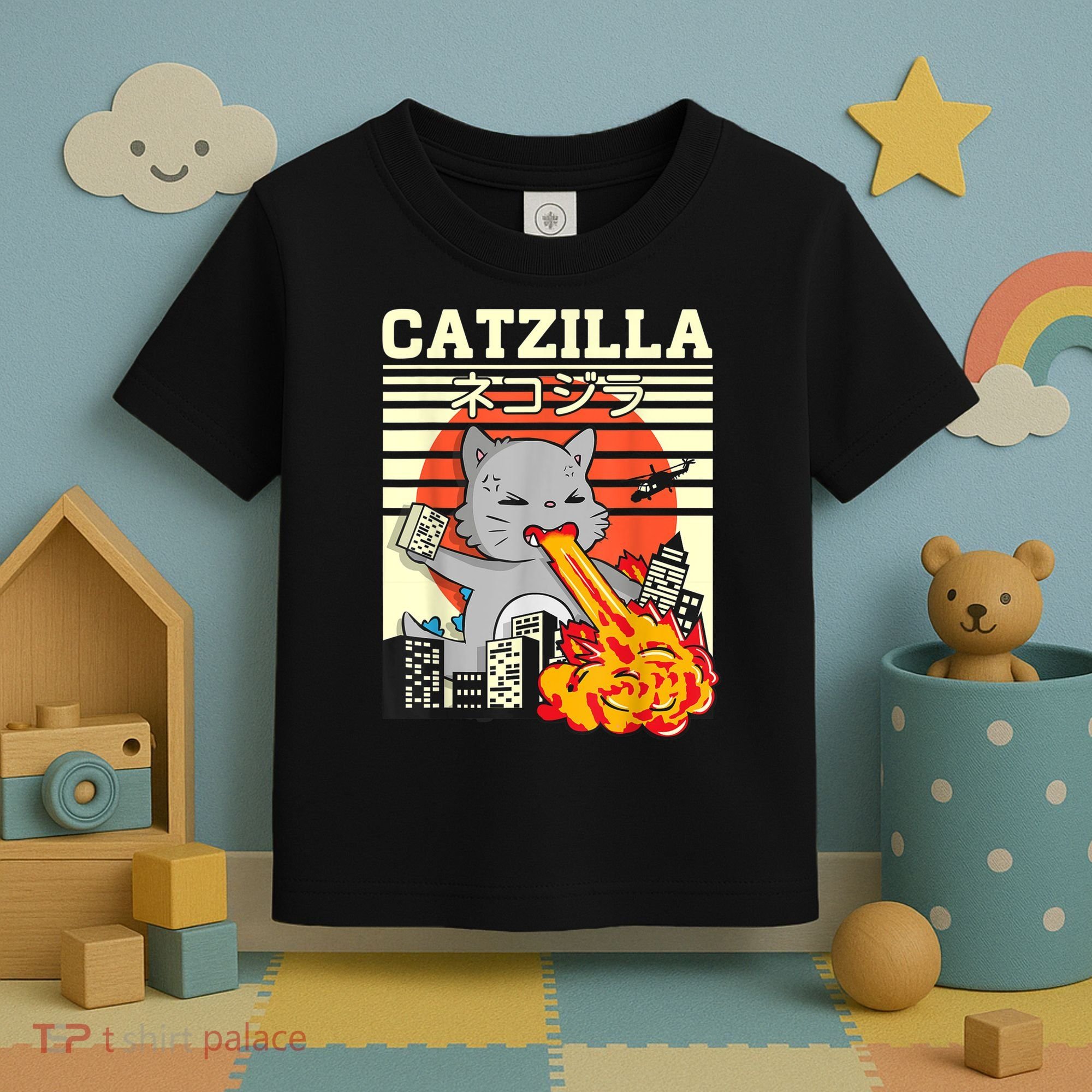 Funny Catzilla Kawaii Cat Kitten Lover Japanese Sunset Toddler T-Shirt