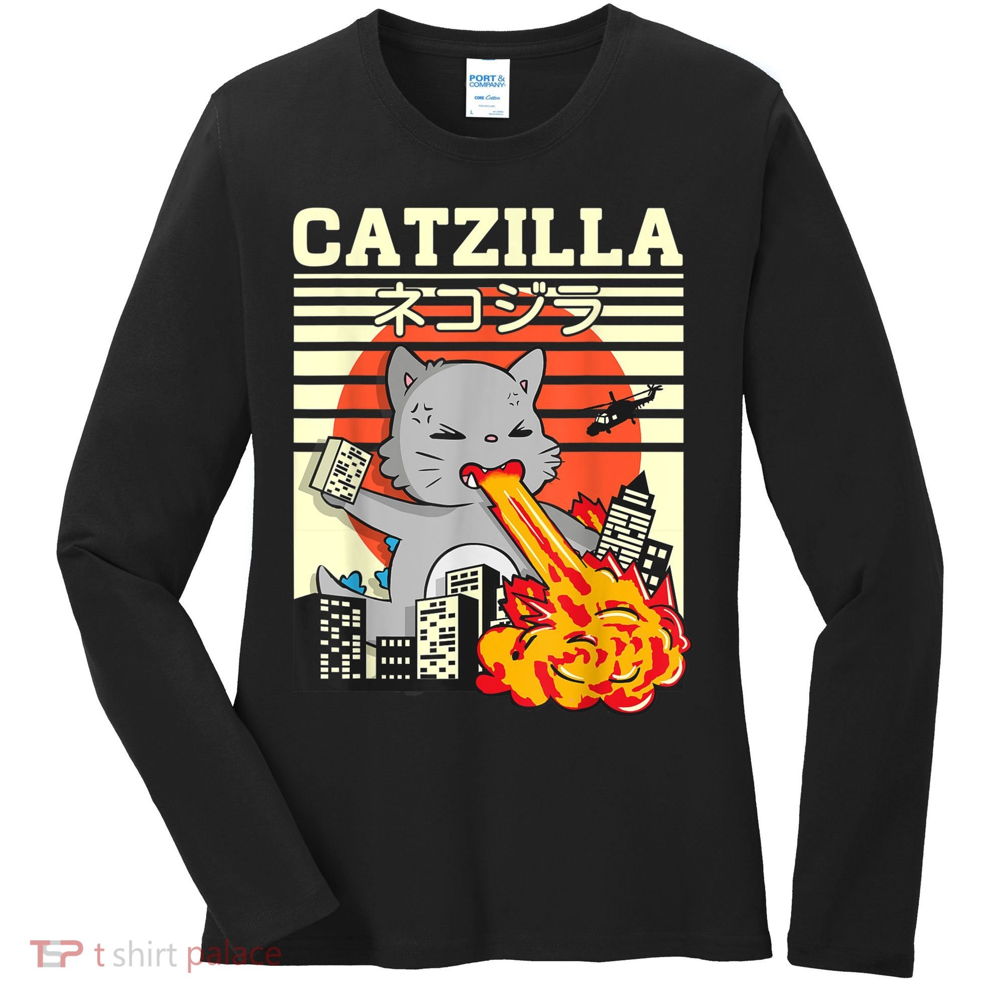 Funny Catzilla Kawaii Cat Kitten Lover Japanese Sunset Women's Long Sleeve Shirt
