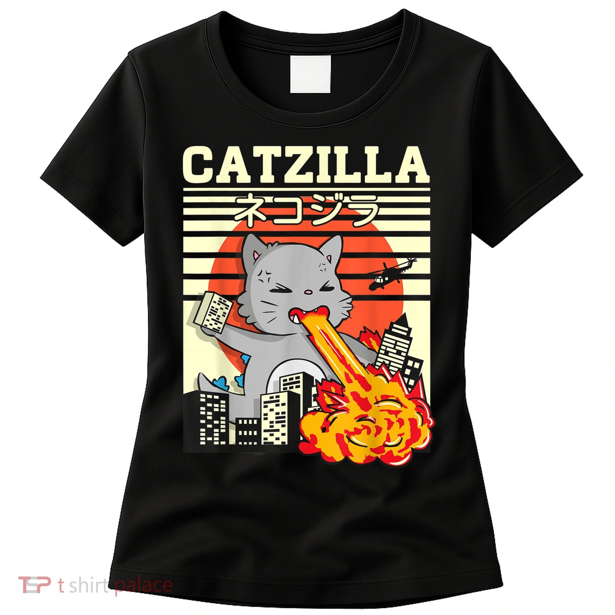 Funny Catzilla Kawaii Cat Kitten Lover Japanese Sunset Women's T-Shirt