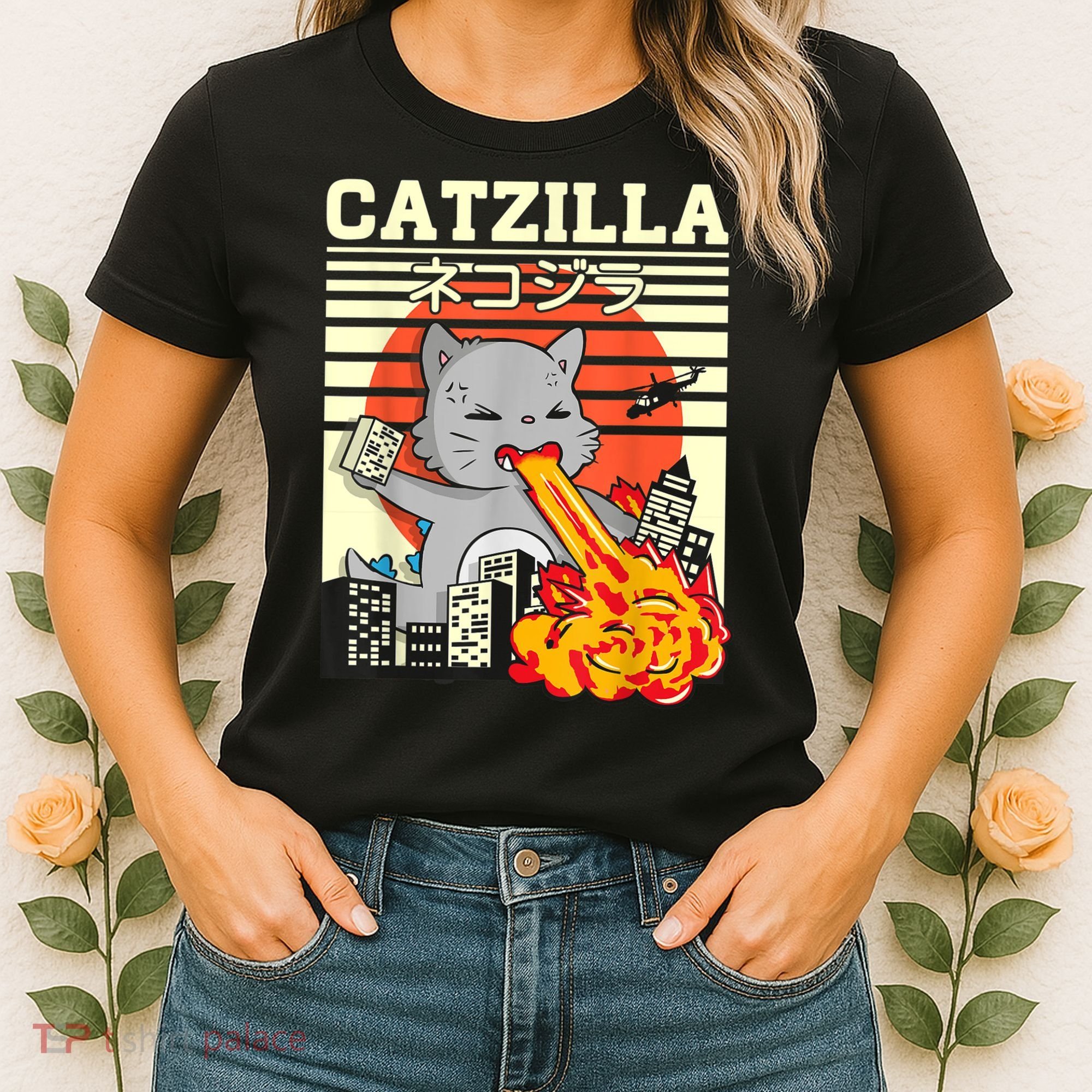Funny Catzilla Kawaii Cat Kitten Lover Japanese Sunset Women's T-Shirt