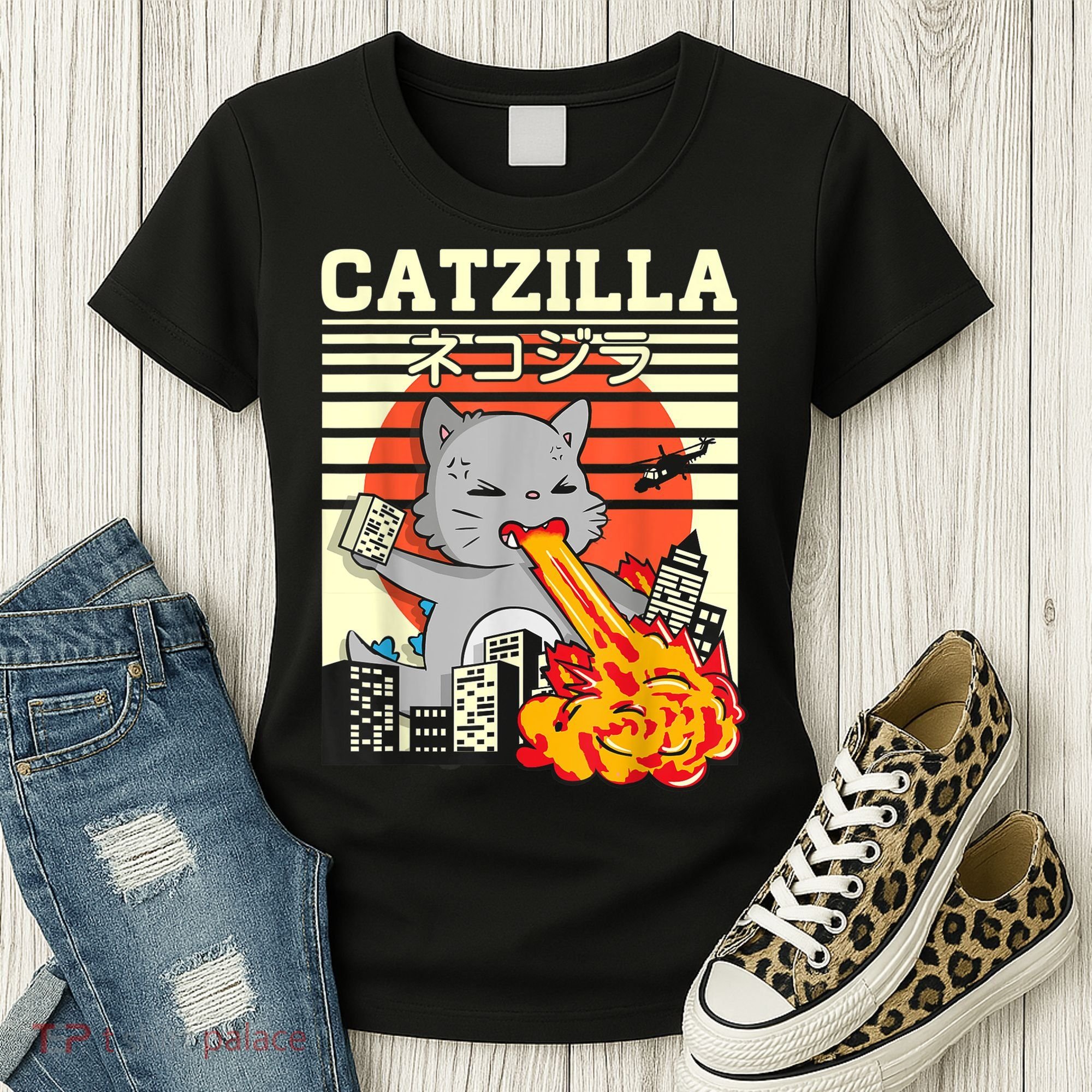 Funny Catzilla Kawaii Cat Kitten Lover Japanese Sunset Women's T-Shirt
