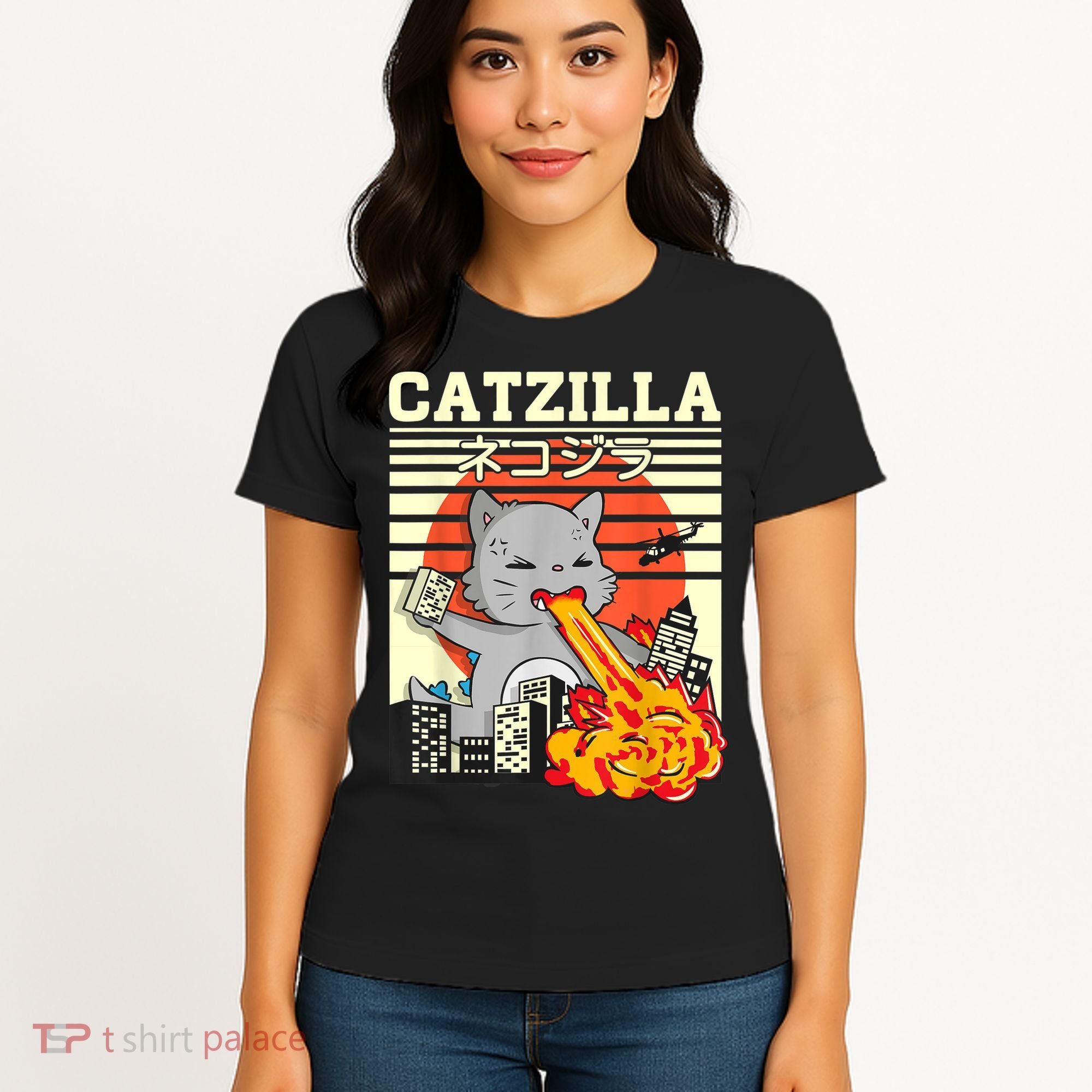 Funny Catzilla Kawaii Cat Kitten Lover Japanese Sunset Women's T-Shirt