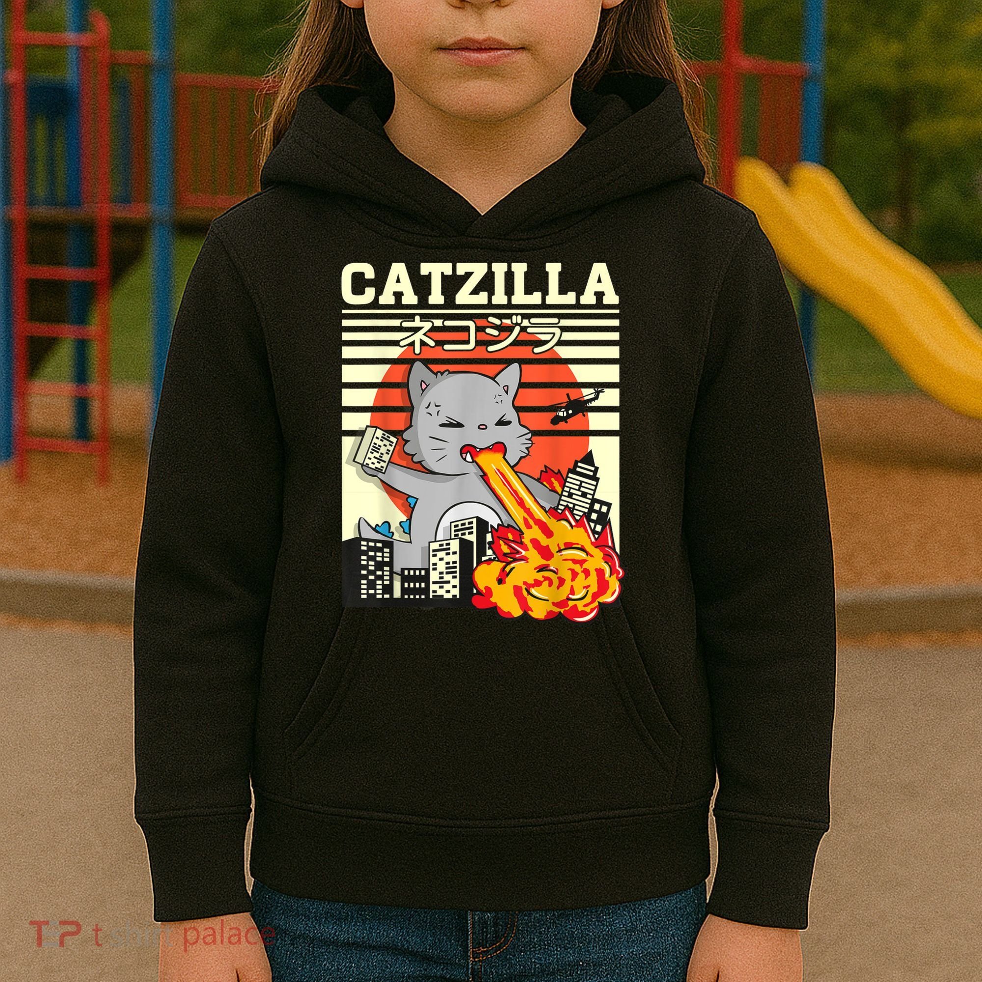 Funny Catzilla Kawaii Cat Kitten Lover Japanese Sunset Kids Hoodie