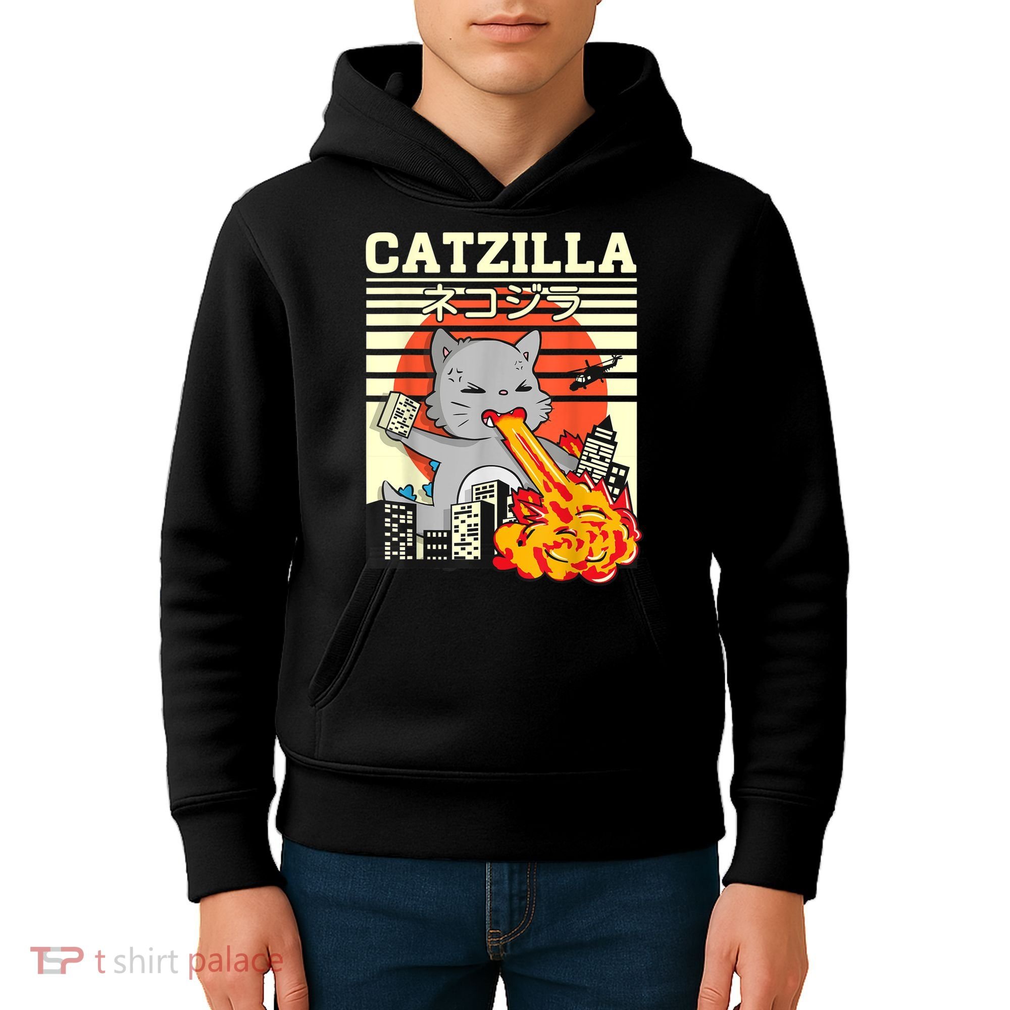 Funny Catzilla Kawaii Cat Kitten Lover Japanese Sunset Kids Hoodie