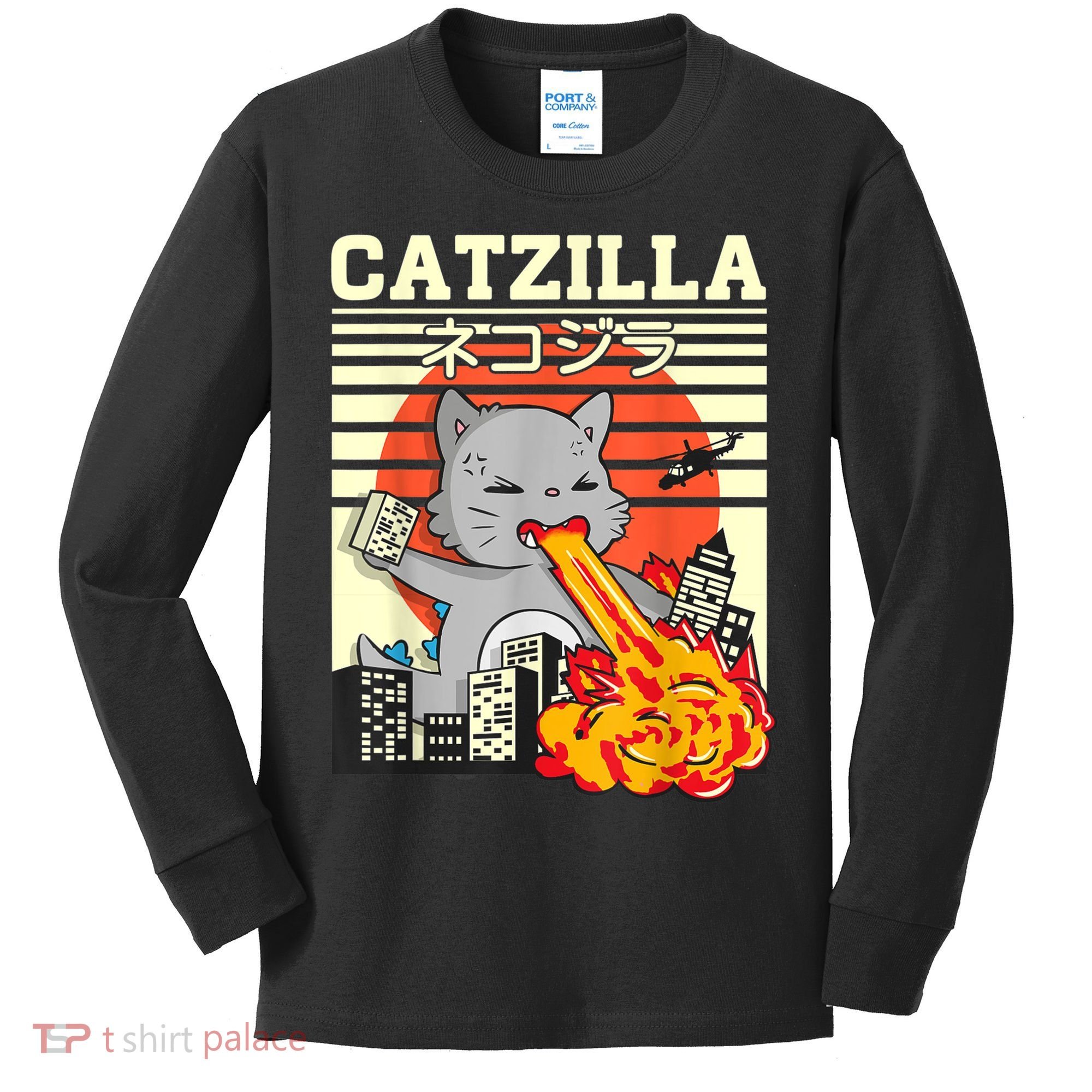Funny Catzilla Kawaii Cat Kitten Lover Japanese Sunset Kids Long Sleeve Shirt