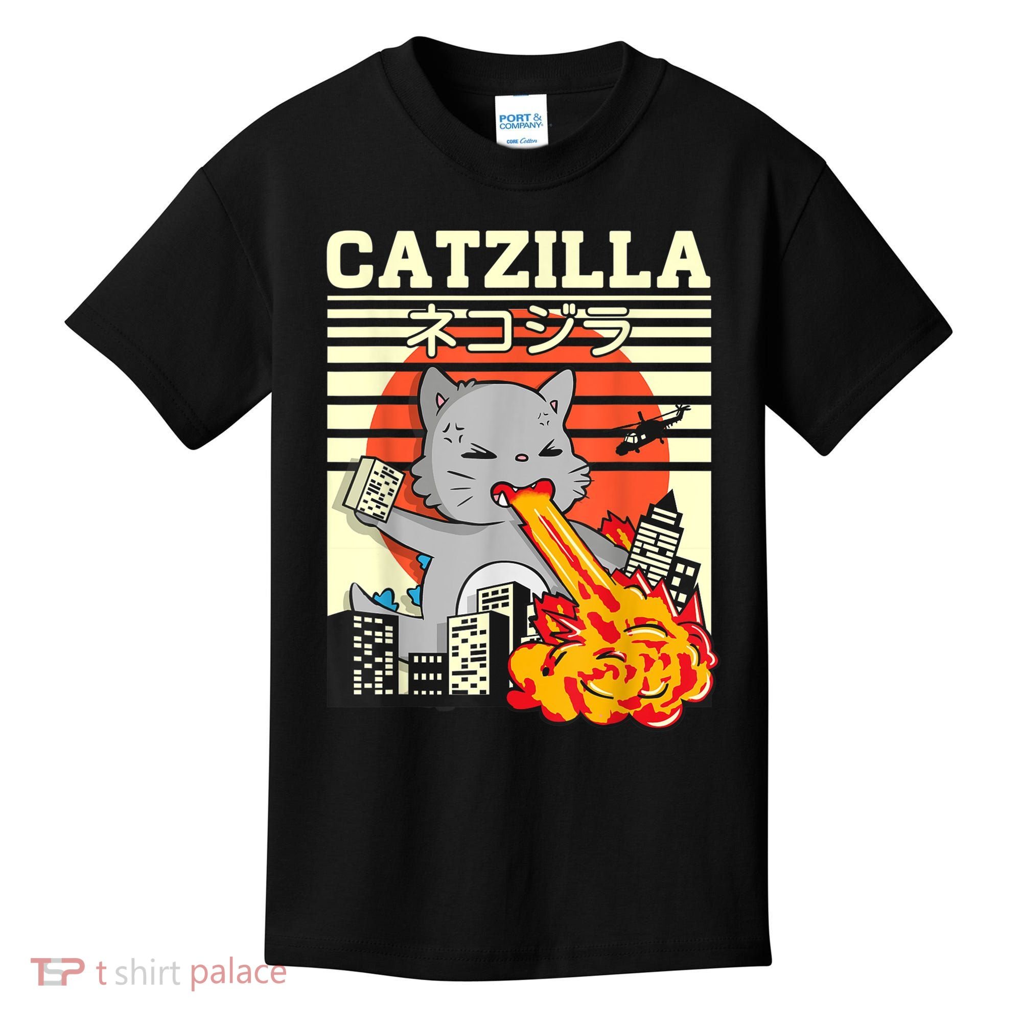 Funny Catzilla Kawaii Cat Kitten Lover Japanese Sunset Kids T-Shirt