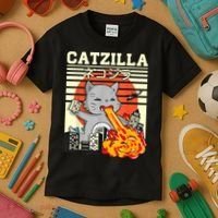 Funny Catzilla Kawaii Cat Kitten Lover Japanese Sunset Kids T-Shirt thumb 3