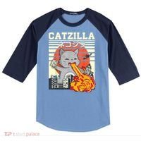 Funny Catzilla Kawaii Cat Kitten Lover Japanese Sunset Raglan Baseball Sleeve Shirt thumb 0