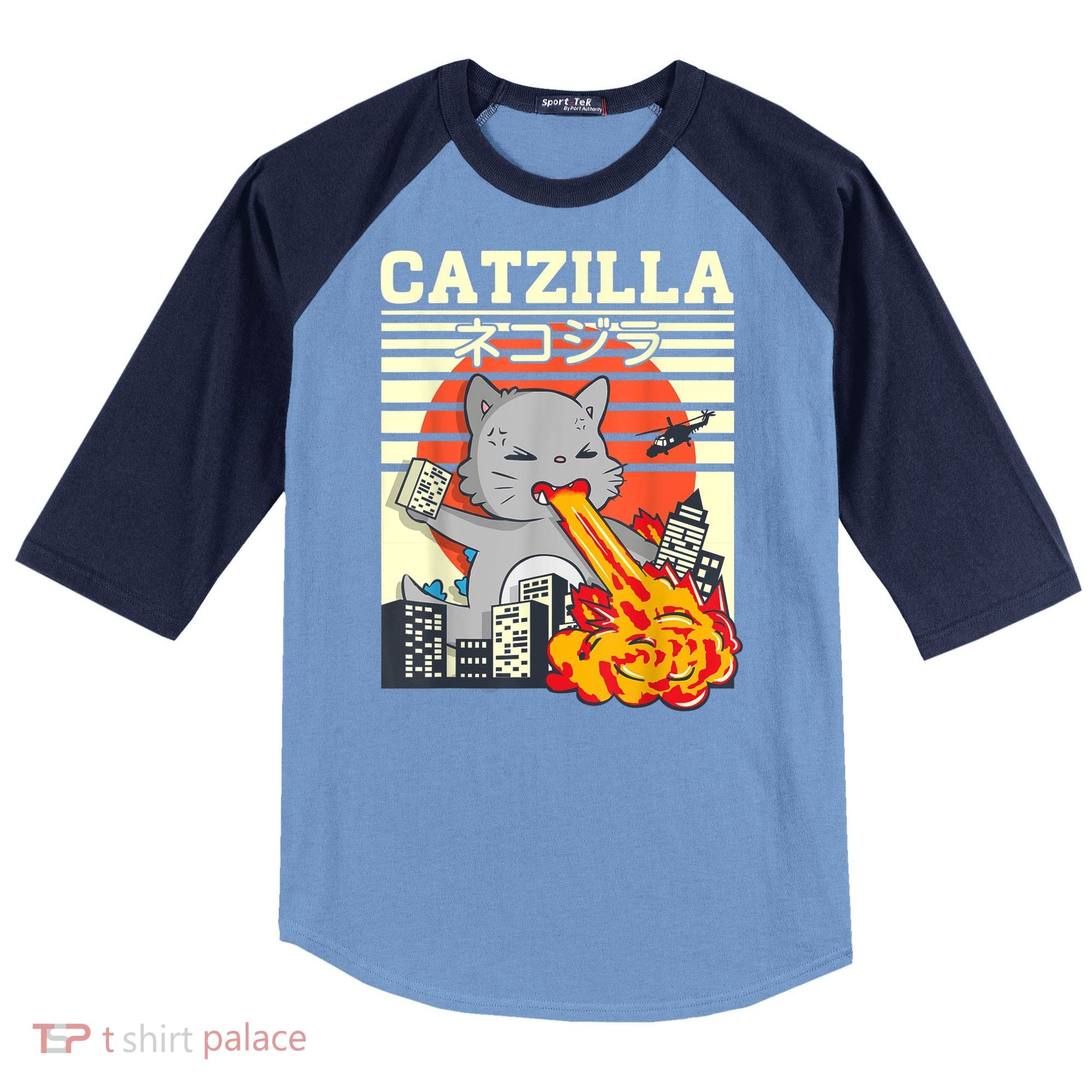 Funny Catzilla Kawaii Cat Kitten Lover Japanese Sunset Raglan Baseball Sleeve Shirt