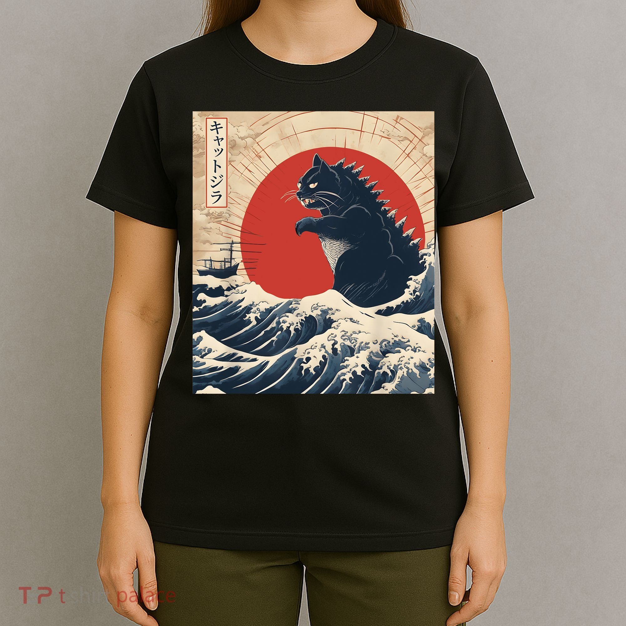 Funny Cat Kaiju Japanese Sunset Vintage Catzilla Great Wave T-Shirt