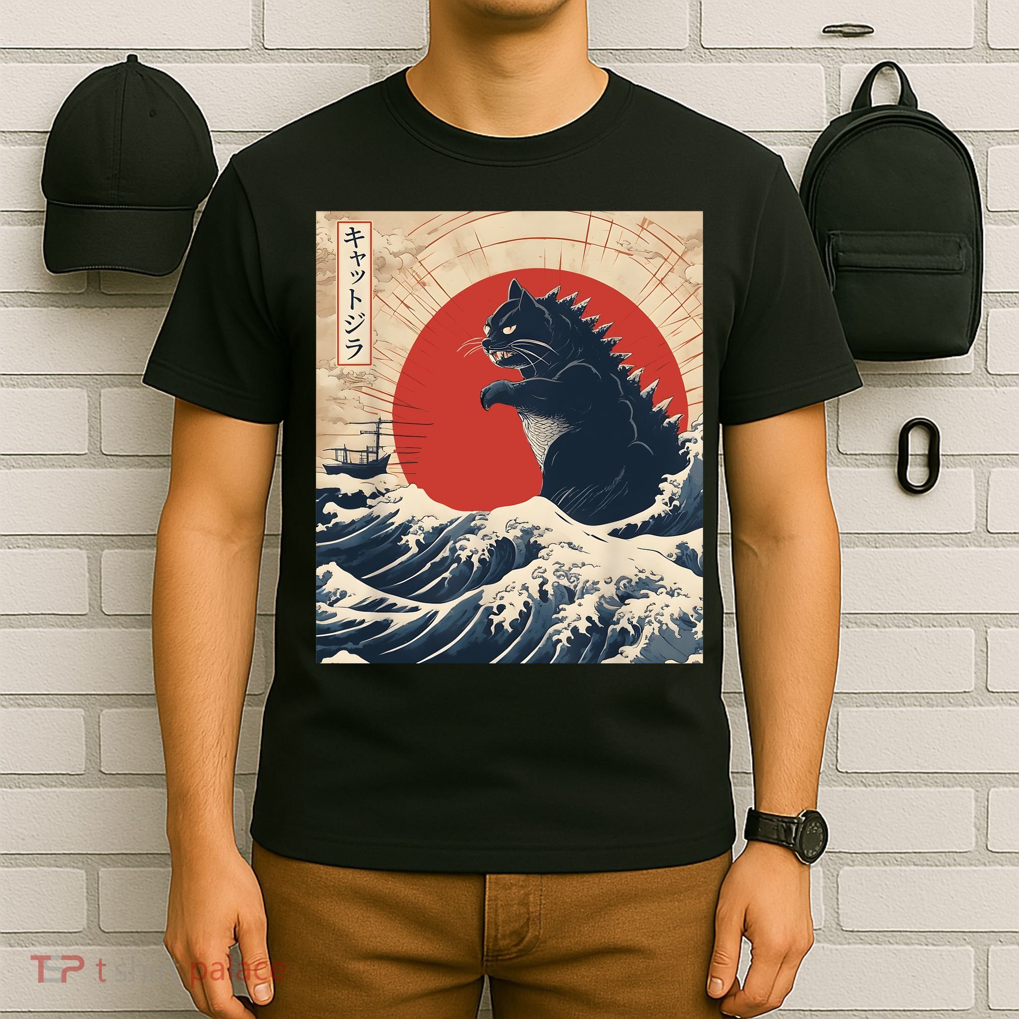 Funny Cat Kaiju Japanese Sunset Vintage Catzilla Great Wave T-Shirt