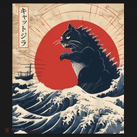Funny Cat Kaiju Japanese Sunset Vintage Catzilla Great Wave T-Shirt thumb 7