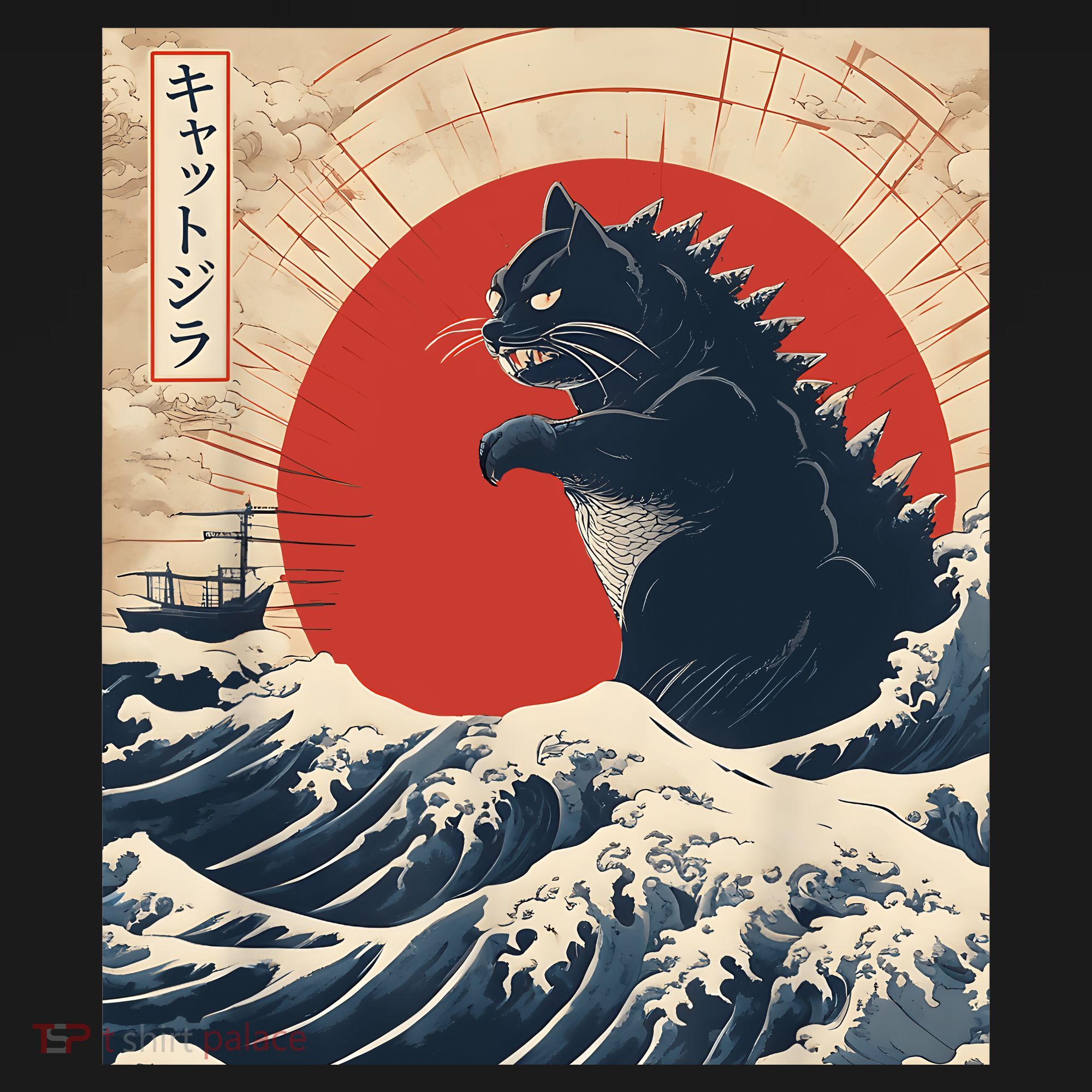 Funny Cat Kaiju Japanese Sunset Vintage Catzilla Great Wave T-Shirt