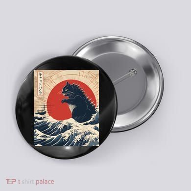 Funny Cat Kaiju Japanese Sunset Vintage Catzilla Great Wave Button