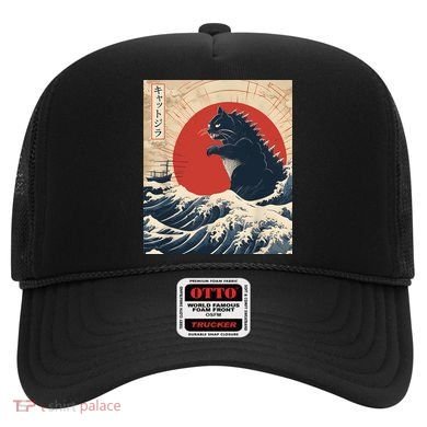Funny Cat Kaiju Japanese Sunset Vintage Catzilla Great Wave Hat