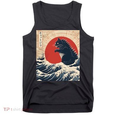 Funny Cat Kaiju Japanese Sunset Vintage Catzilla Great Wave Tank Top