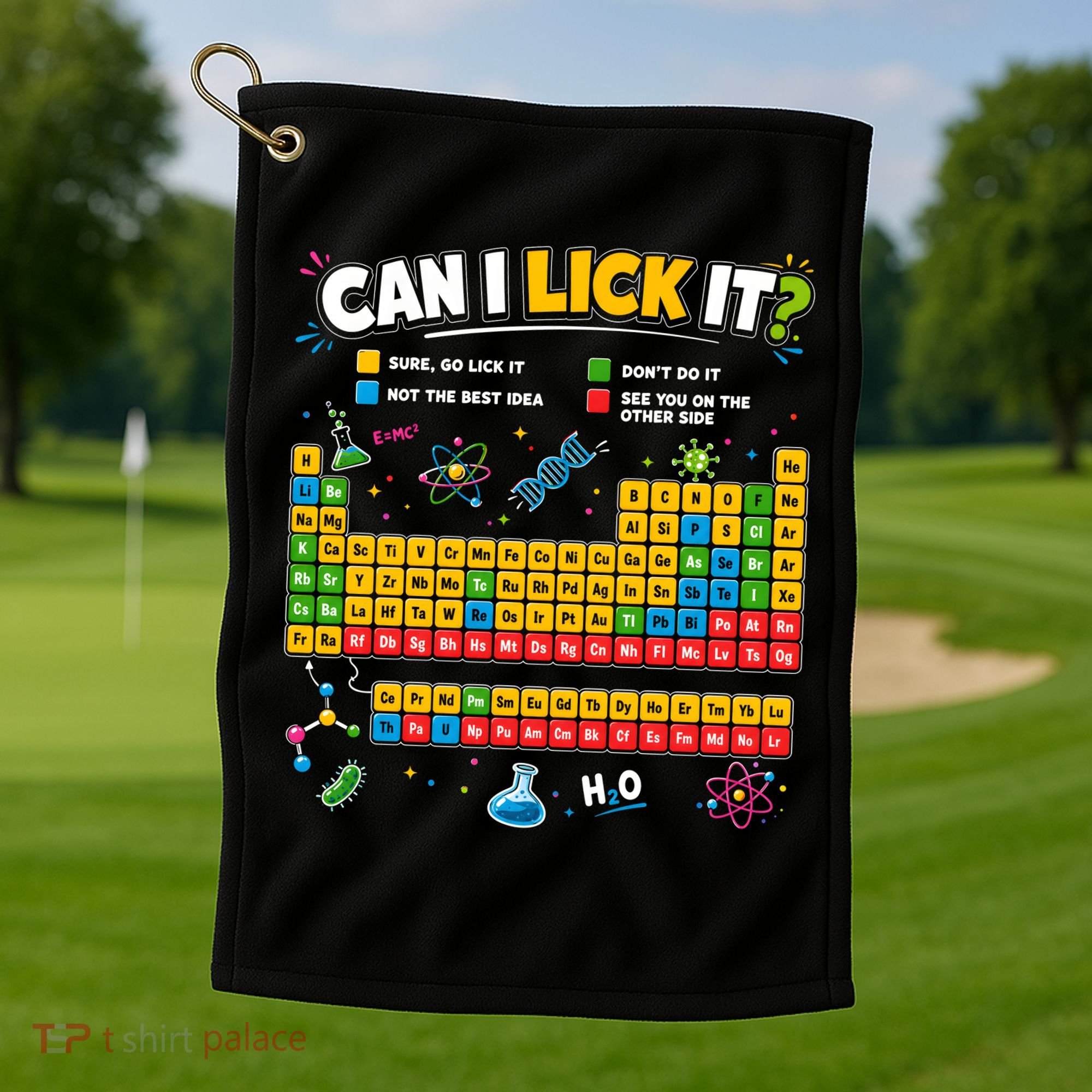 Funny Can Lick It Science Theme Periodic Table Humor Golf Towel