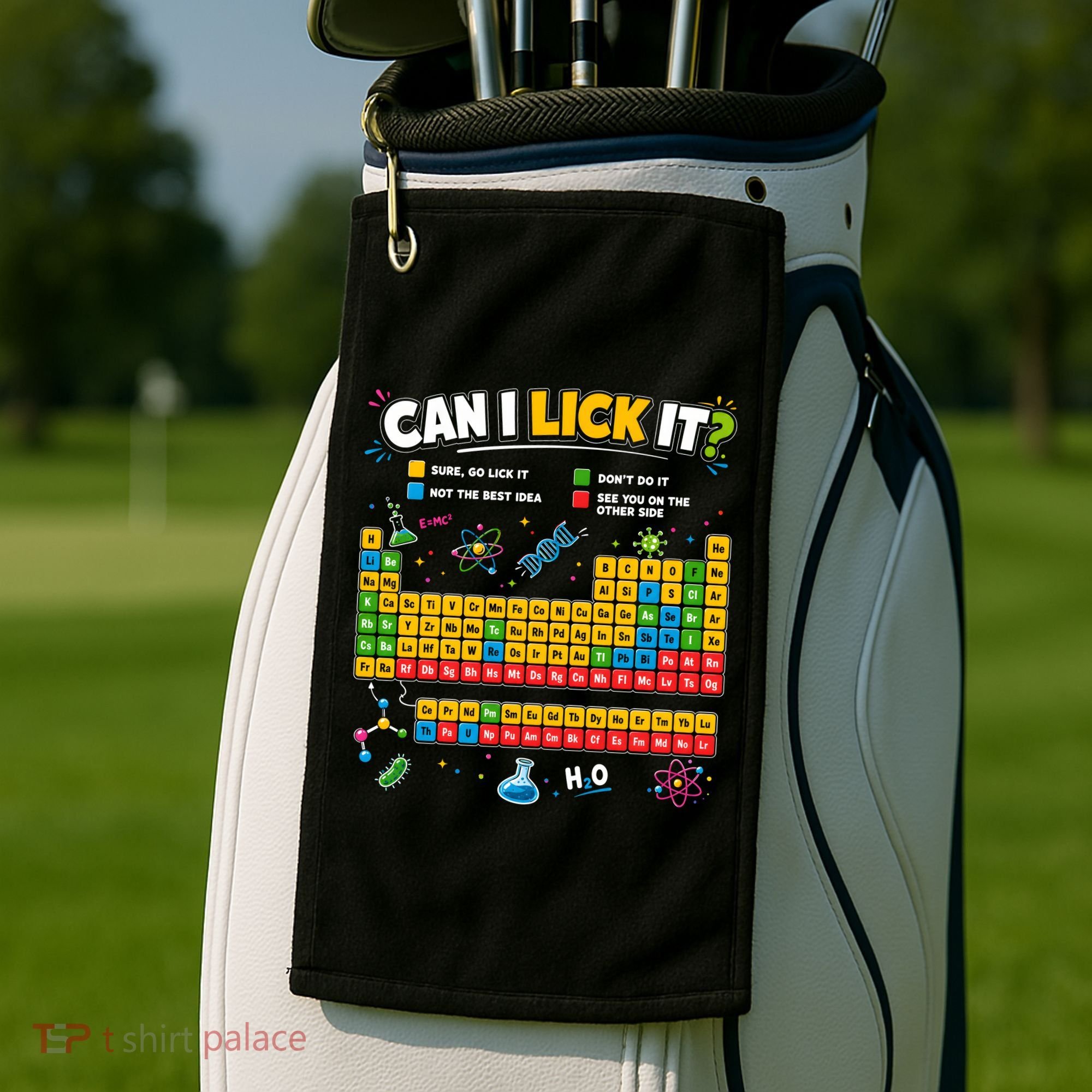 Funny Can Lick It Science Theme Periodic Table Humor Golf Towel