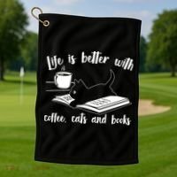 Funny Cute Life Is Better With Coffee Cats And Books Golf Towel thumb 1