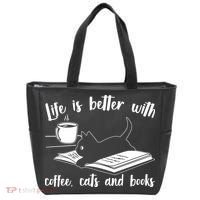 Funny Cute Life Is Better With Coffee Cats And Books Tote Bag thumb 0