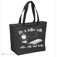 Funny Cute Life Is Better With Coffee Cats And Books Tote Bag thumb 2