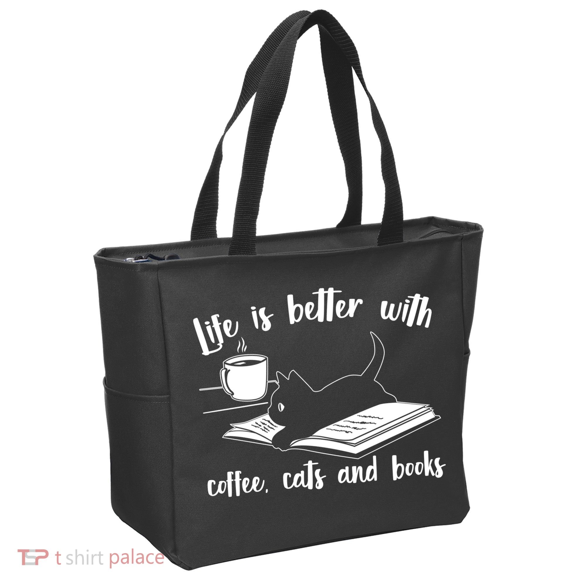 Funny Cute Life Is Better With Coffee Cats And Books Tote Bag