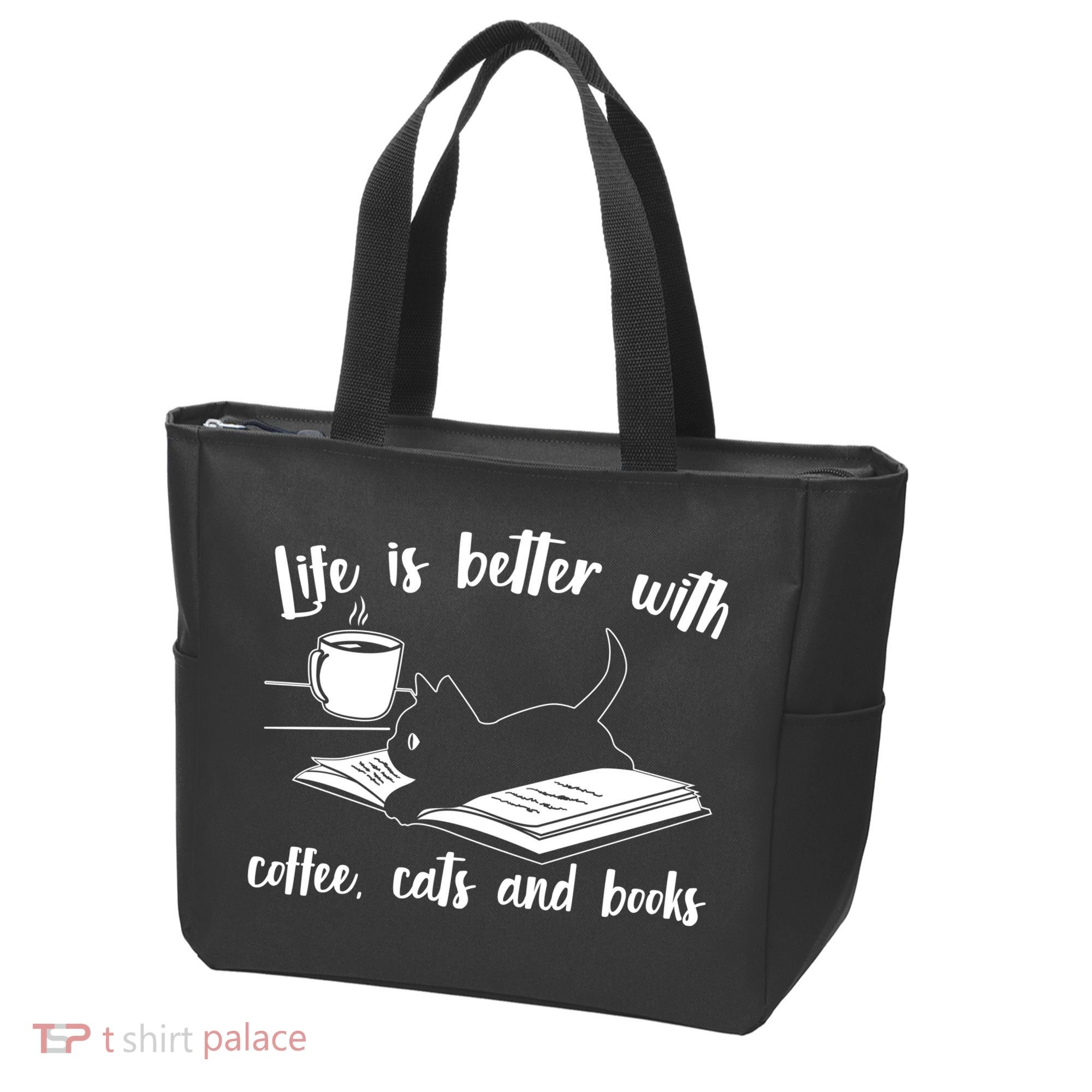 Funny Cute Life Is Better With Coffee Cats And Books Tote Bag
