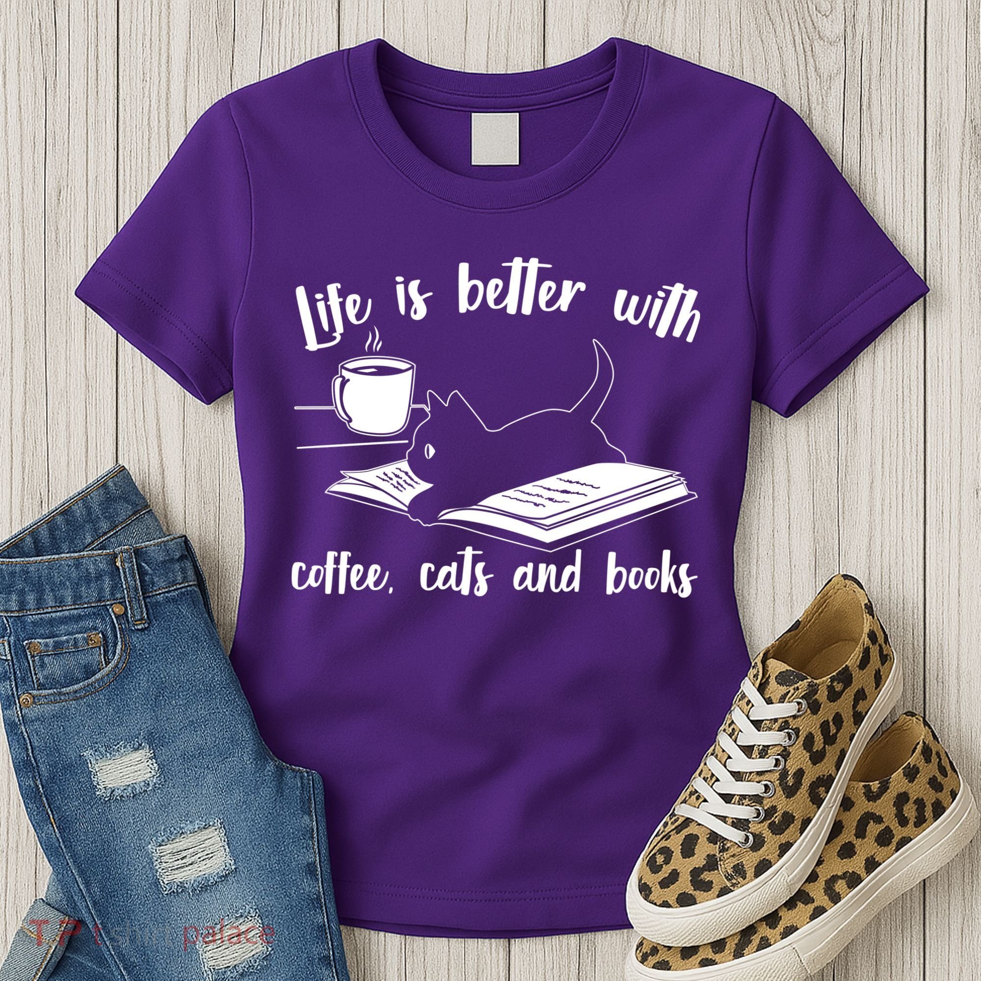 Funny Cute Life Is Better With Coffee Cats And Books Women's T-Shirt