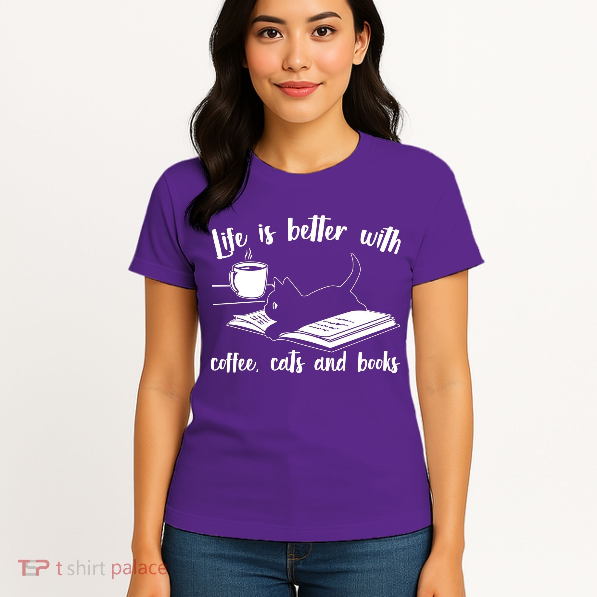 Funny Cute Life Is Better With Coffee Cats And Books Women's T-Shirt