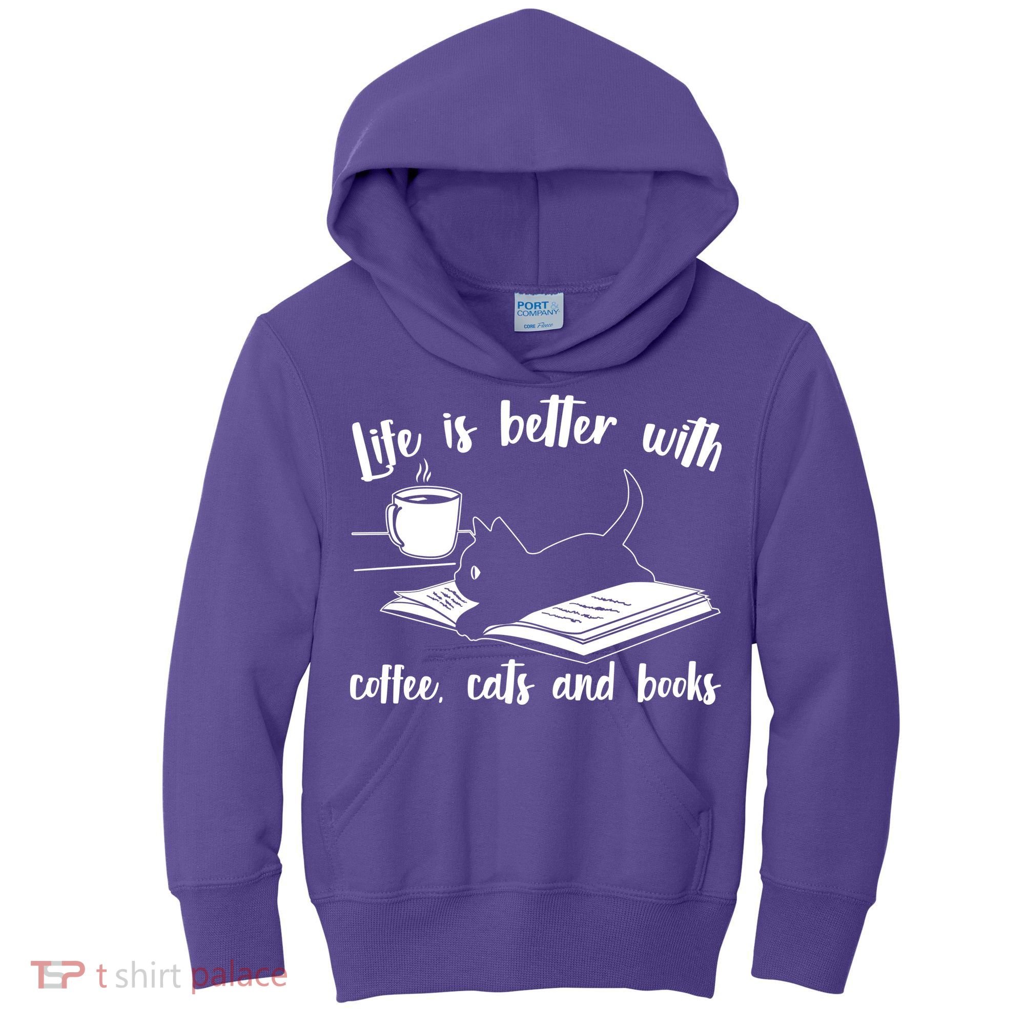 Funny Cute Life Is Better With Coffee Cats And Books Kids Hoodie
