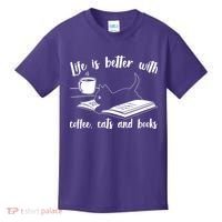 Funny Cute Life Is Better With Coffee Cats And Books Kids T-Shirt thumb 0