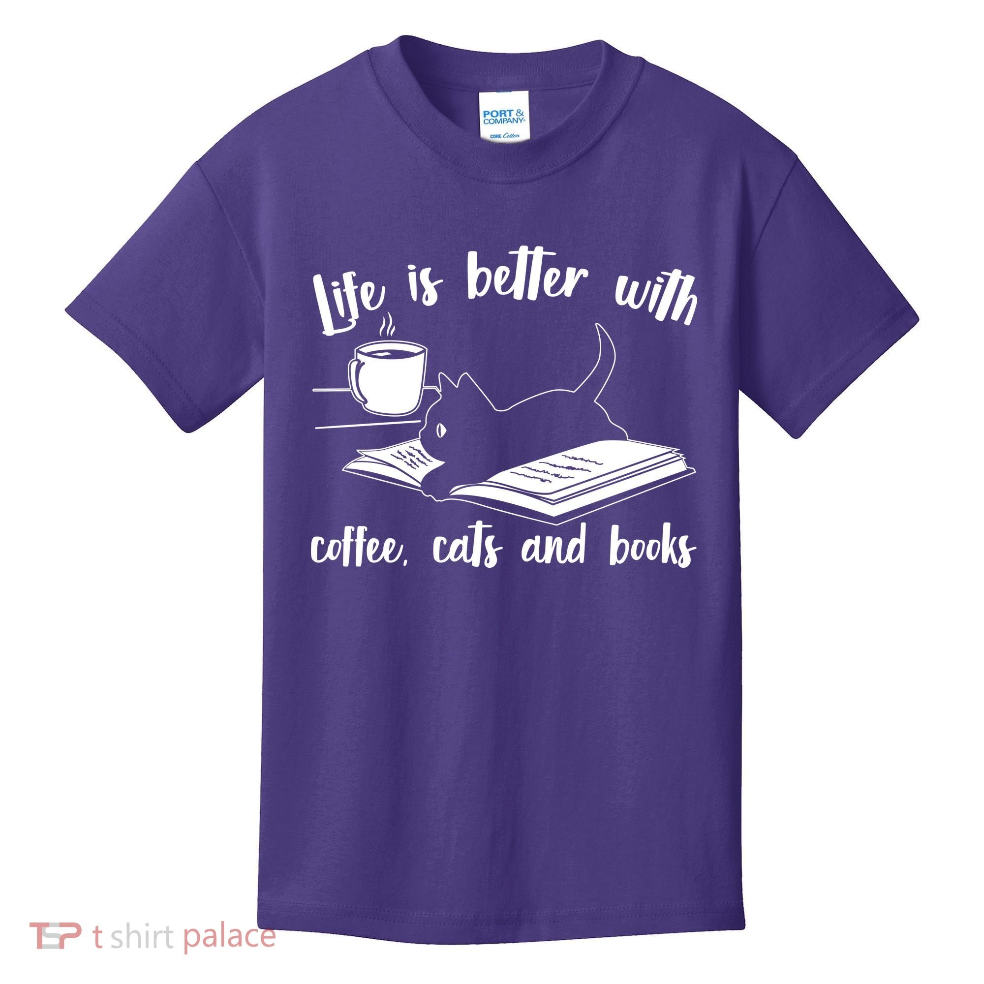 Funny Cute Life Is Better With Coffee Cats And Books Kids T-Shirt