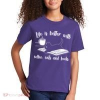 Funny Cute Life Is Better With Coffee Cats And Books Kids T-Shirt thumb 2