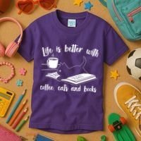 Funny Cute Life Is Better With Coffee Cats And Books Kids T-Shirt thumb 3